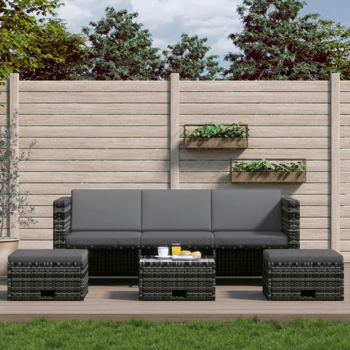 VIDAXL Salon de jardin 4 pcs avec coussins resine tressee gris