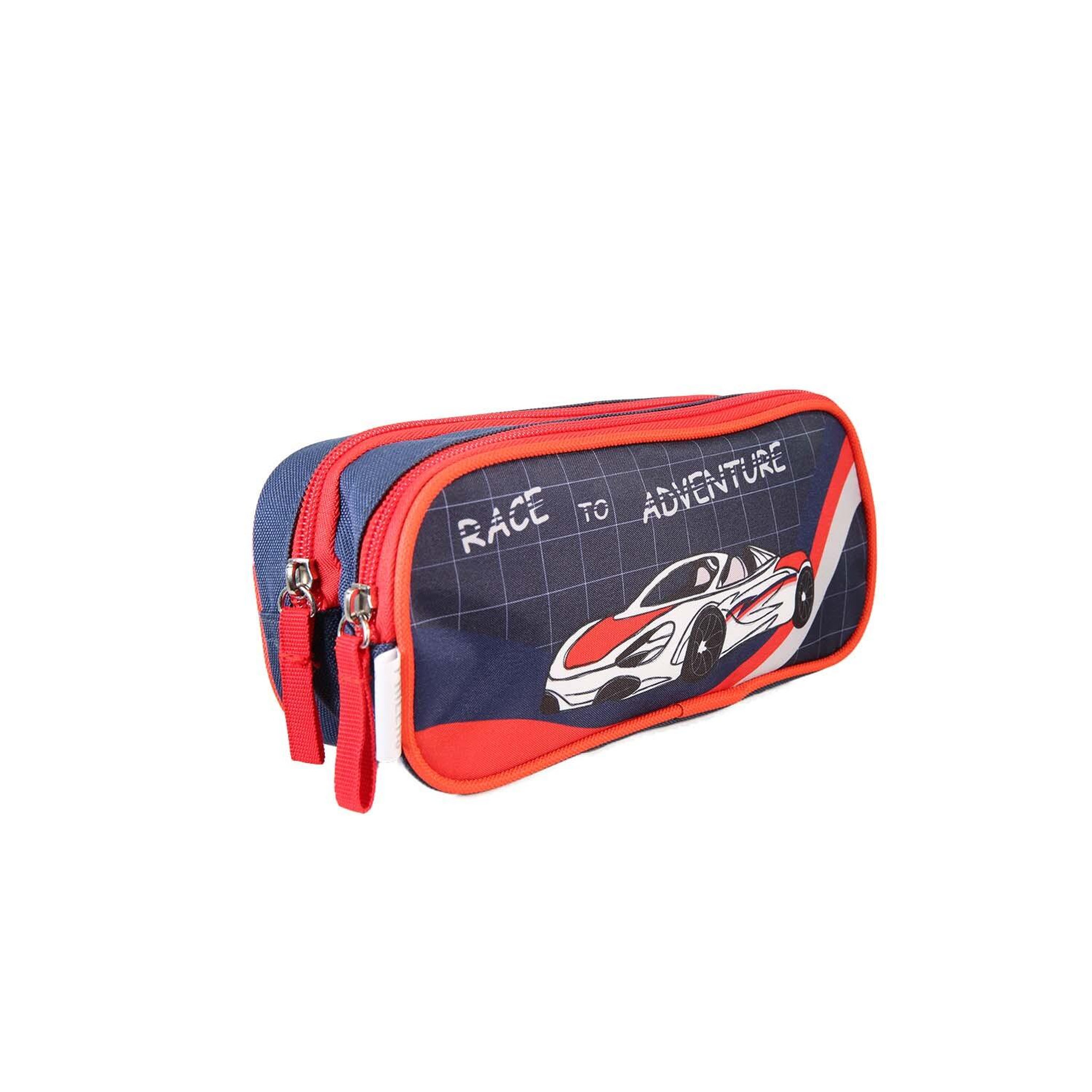 Voir la diapositive 2 : Bagtrotter Phileas - Trousse scolaire Voiture - Bleu/Rouge - Garçon - 2 compartiments zippé