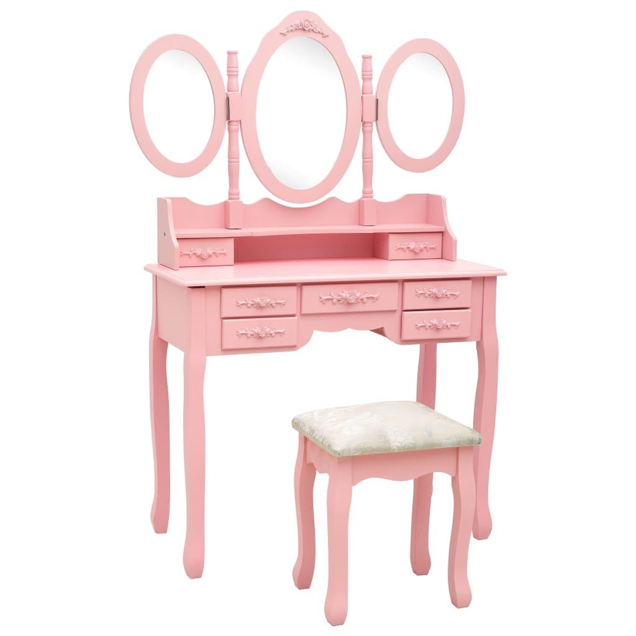 Voir la diapositive 1 : VIDAXL Coiffeuse avec tabouret et miroir pliable en 3 Rose