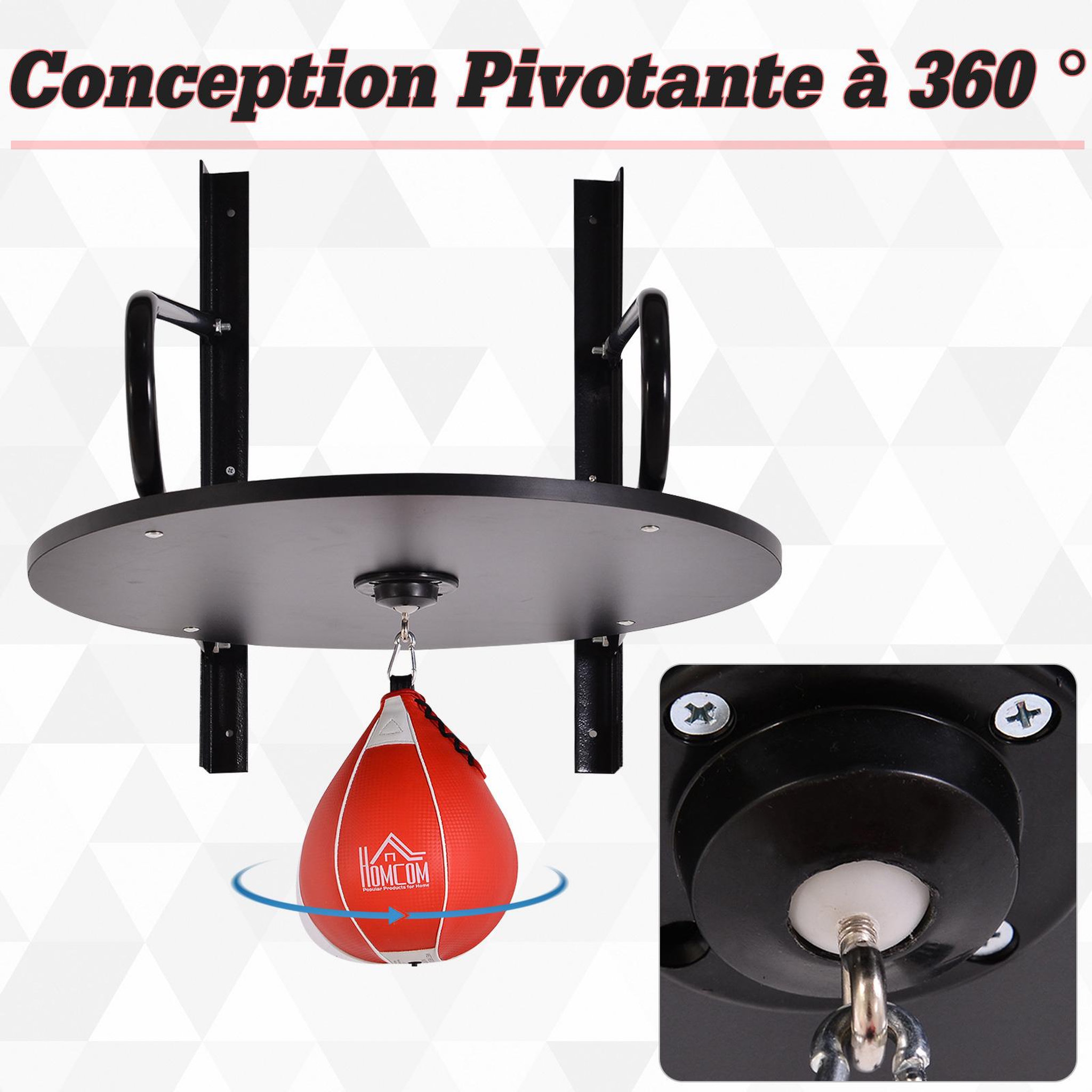 Voir la diapositive 5 : HOMCOM Punching ball poire de vitesse boxe avec support plateau tournant + pompe mdf acier revêtement synthétique rouge noir