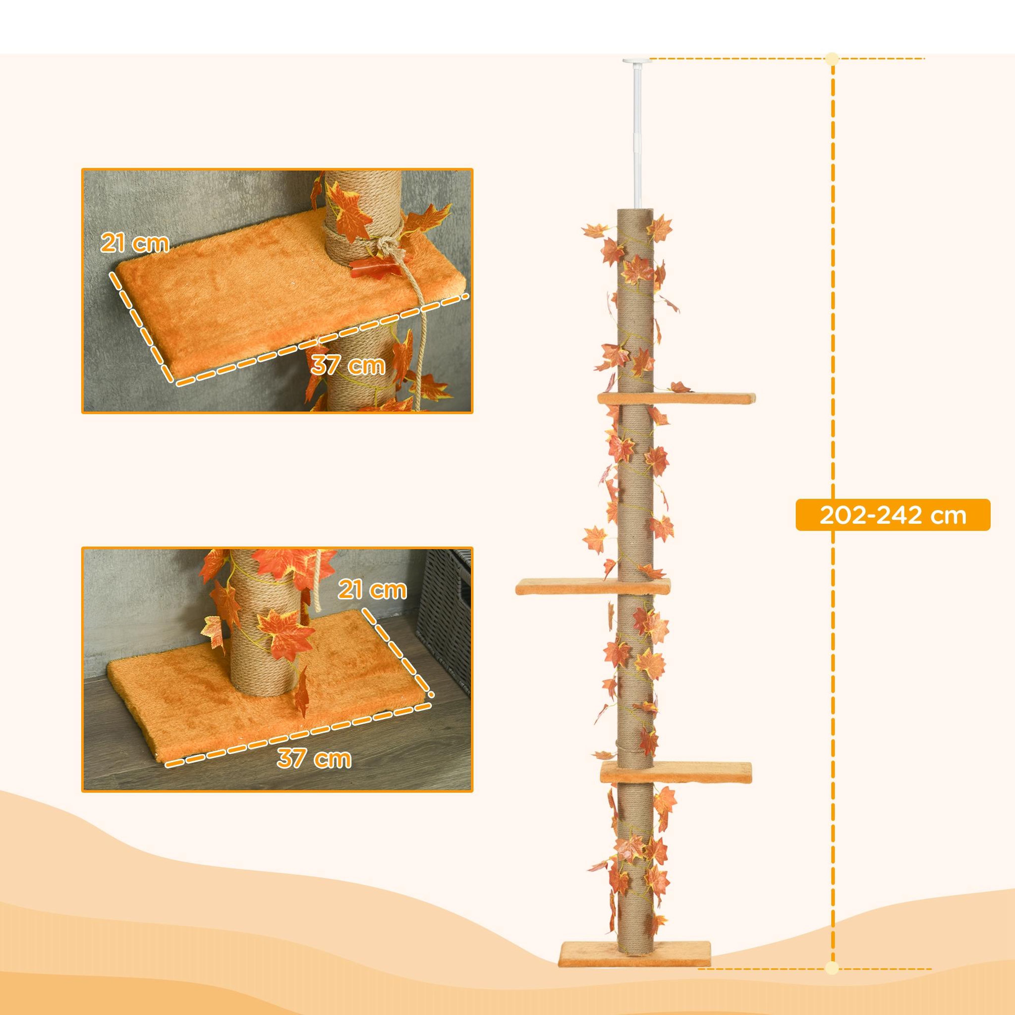 Voir la diapositive 3 : PAWHUT Arbre à chat tour h. Réglable 202-242 cm - feuilles décoratives d'automne - jute naturelle peluche orange