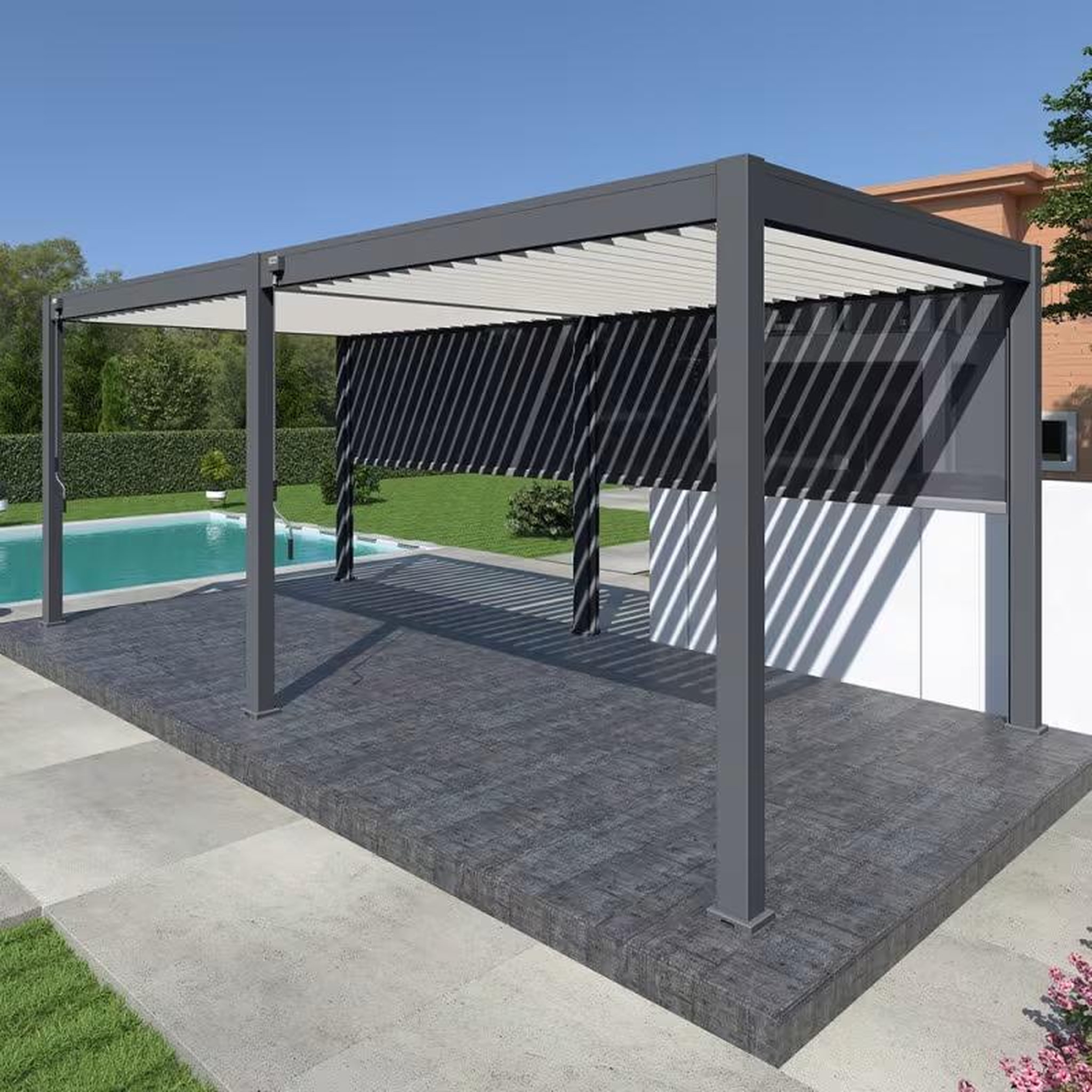CENTRALE BRICO Pergola bioclimatique autoportante 6 x 3 m à lames orientables - aluminium anthracite et blanc - 2 stores latéraux inclus