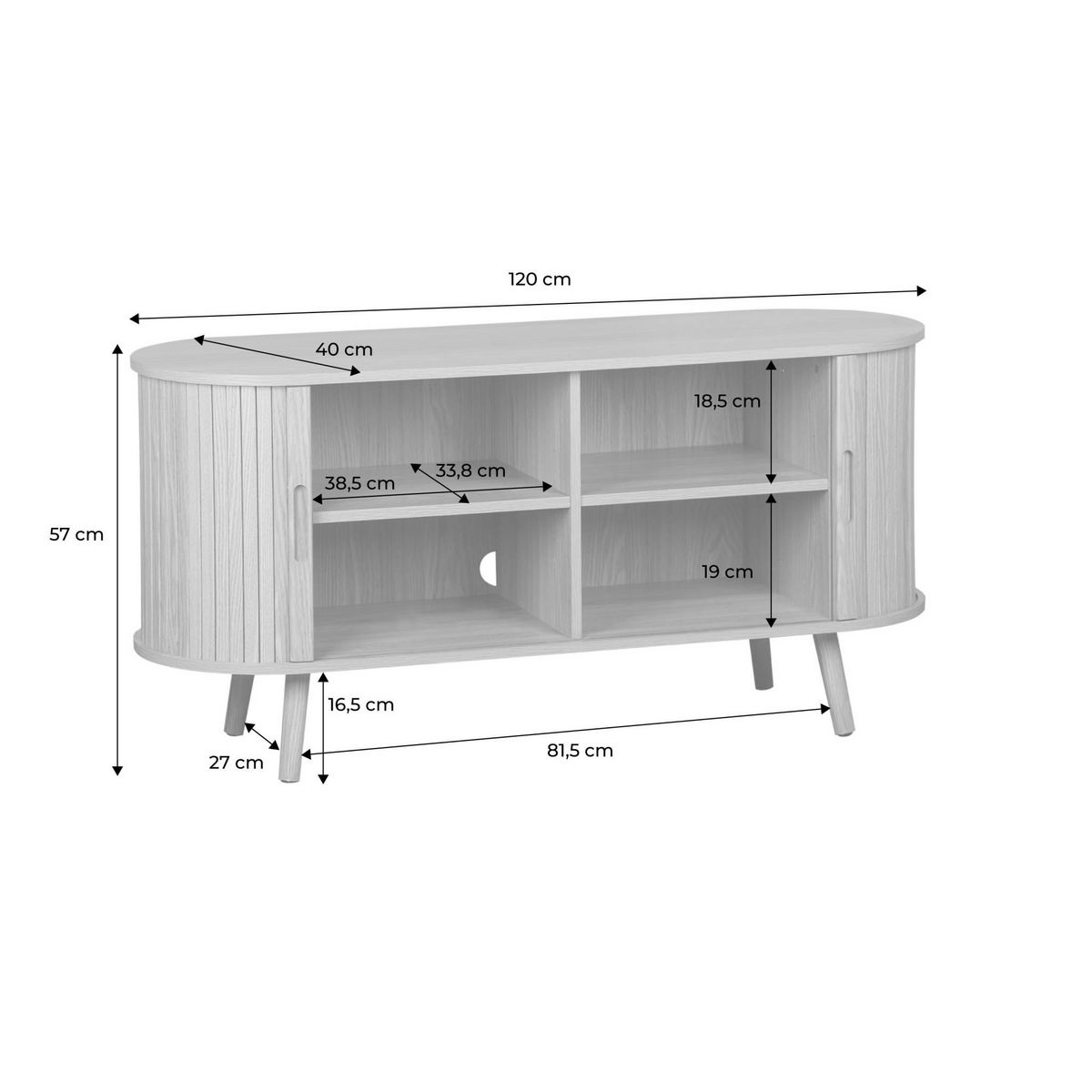 SWEEEK Meuble TV scandinave 2 portes coulissantes. 4 compartiments. effet bois rainuré naturel. L120 x 40 x 57 cm