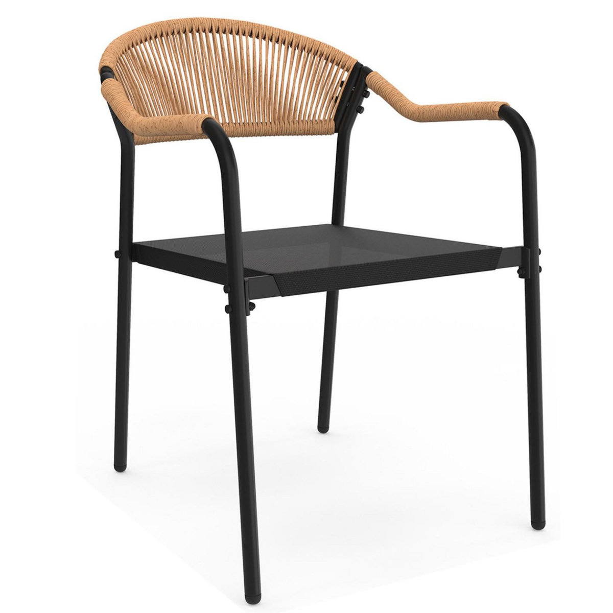 ID MARKET Salon de jardin MADEIRA table 150 cm et 6 chaises cordage et textilène noir et rotin clair