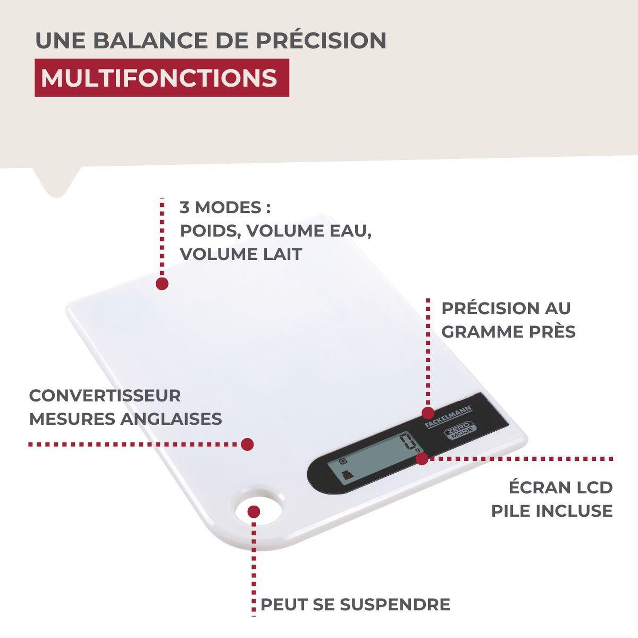 Voir la diapositive 4 : Fackelmann Balance de cuisine électronique blanche 5 kg fackelmann