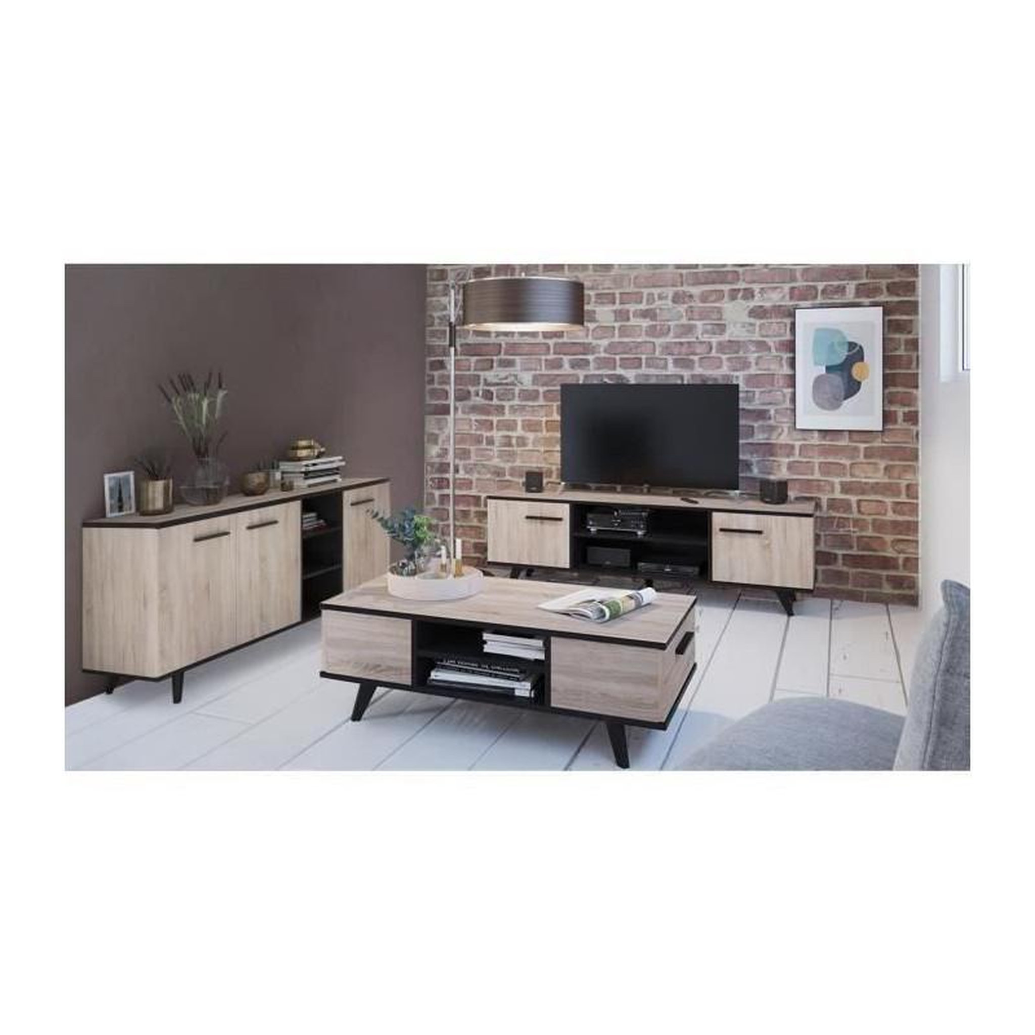 Demeyere Ensemble meuble TV table basse buffet WAYNE - Mélaminé - Style scandinave - Chene brossé et noir