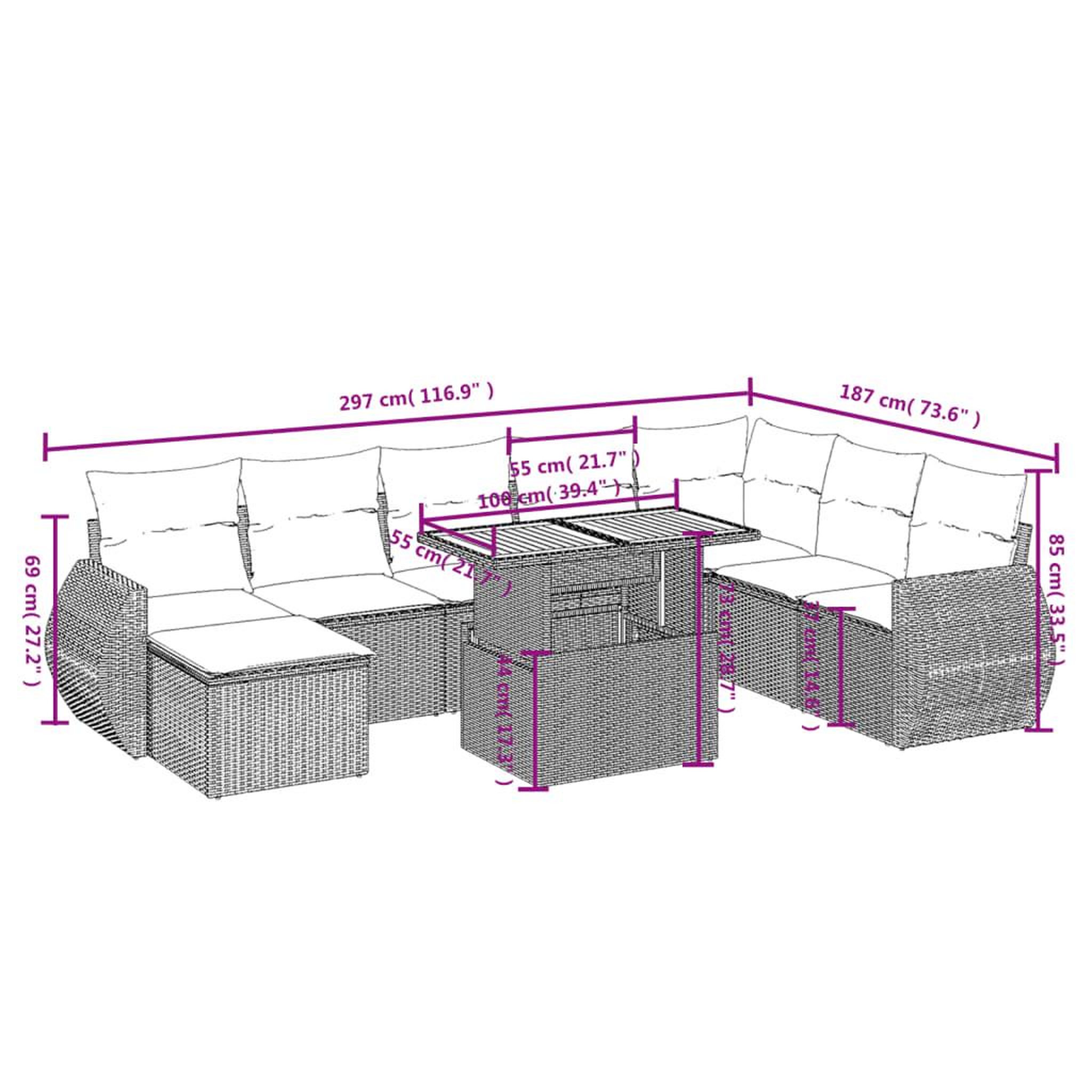 Voir la diapositive 3 : VIDAXL Salon de jardin avec coussins 9 pcs beige resine tressee