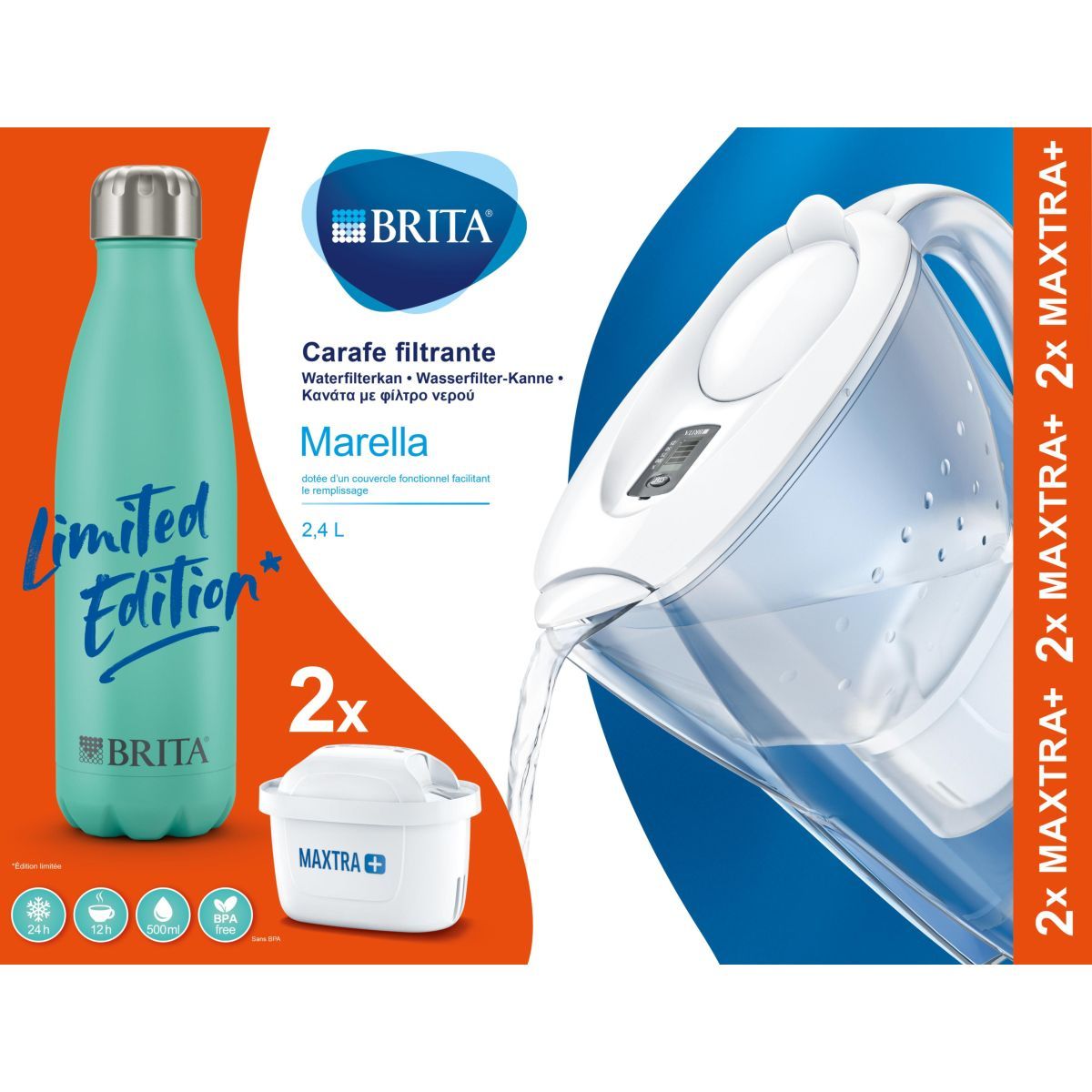 BRITA Carafe filtrante marella blanche + 1 bouteille isotherme bleu