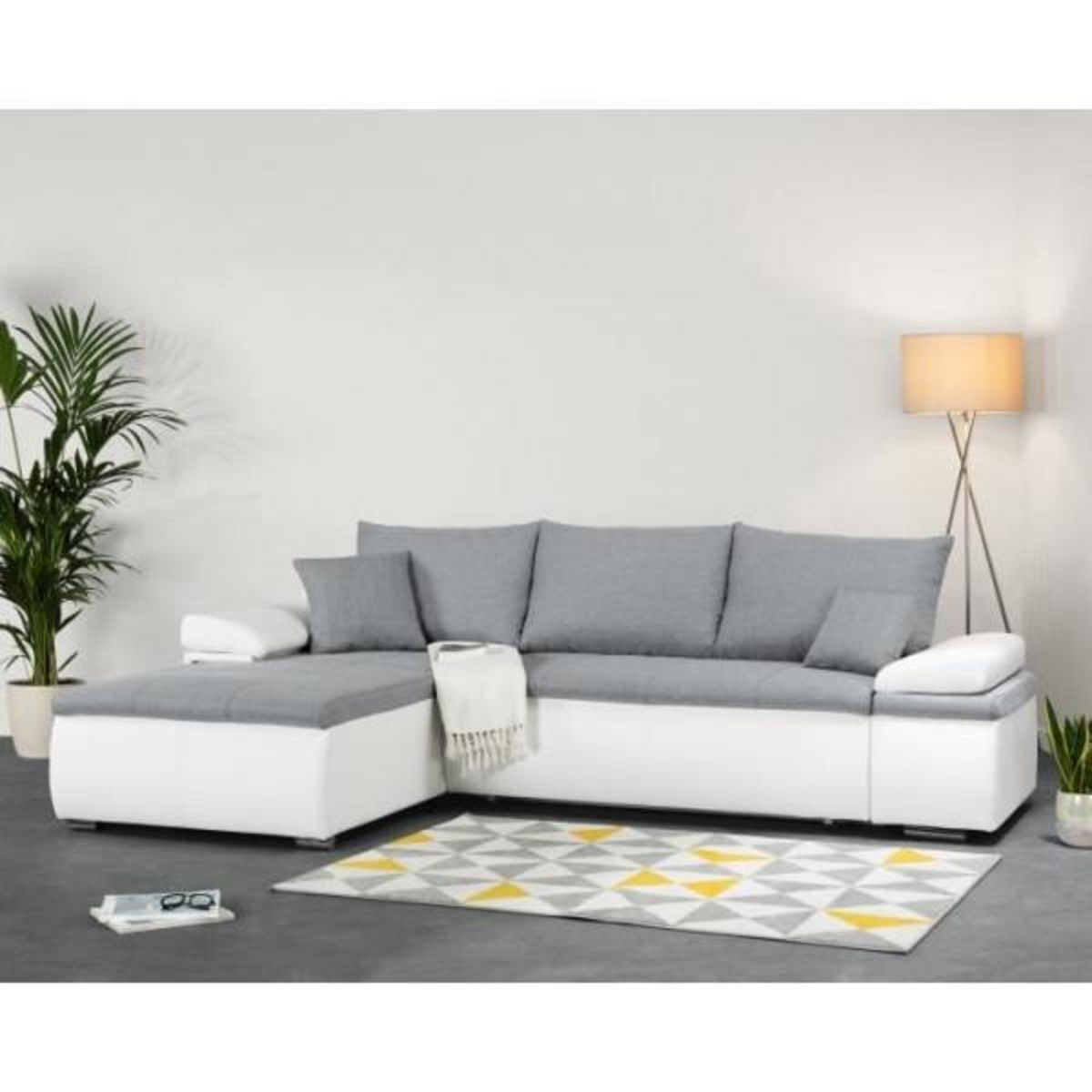 MARKET24 Canapé d'angle réversible convertible 3 places+Coffre - Simili blanc et tissu gris - CELINA - L 274 x P 184 cm - Fabriqué en