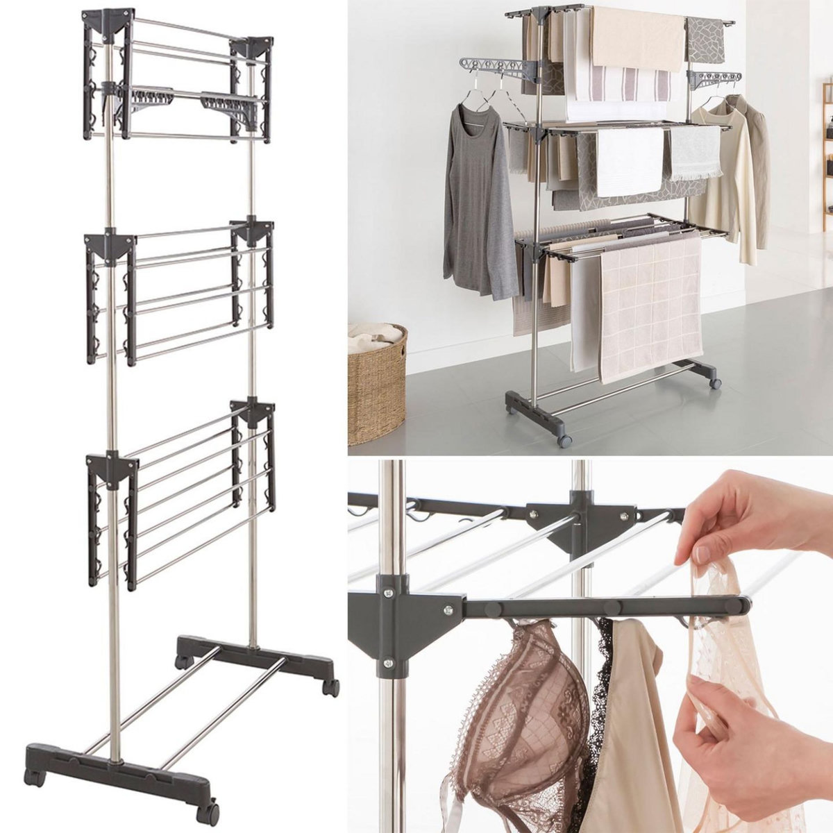 ID MARKET Séchoir à linge vertical pliable 3 niveaux MAXIMA capacité 20M inox et gris