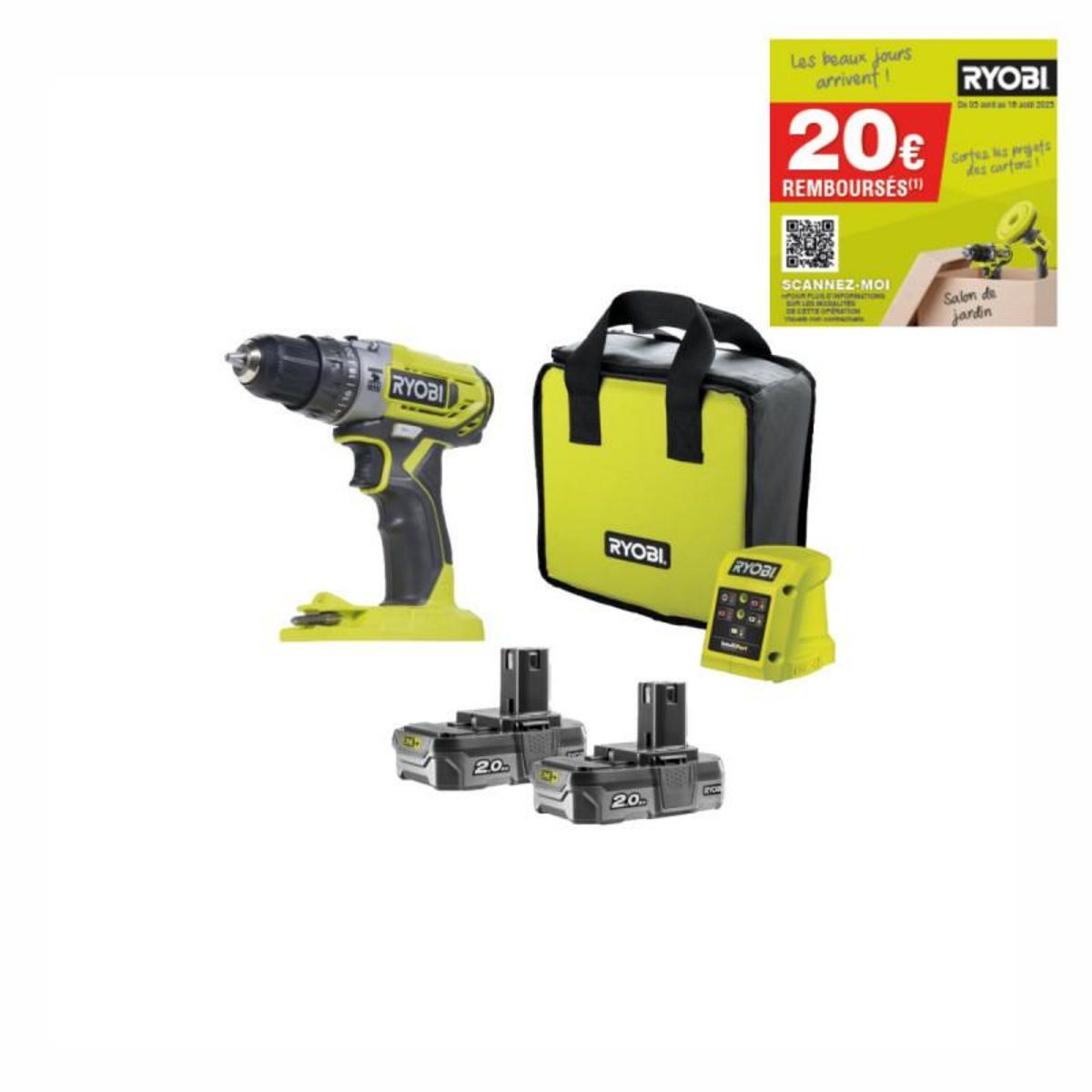 Ryobi Perceuse-visseuse à percussion RYOBI One+ 18V - 2 batteries 2.0 Ah - 1 chargeur - R18PD2-220S