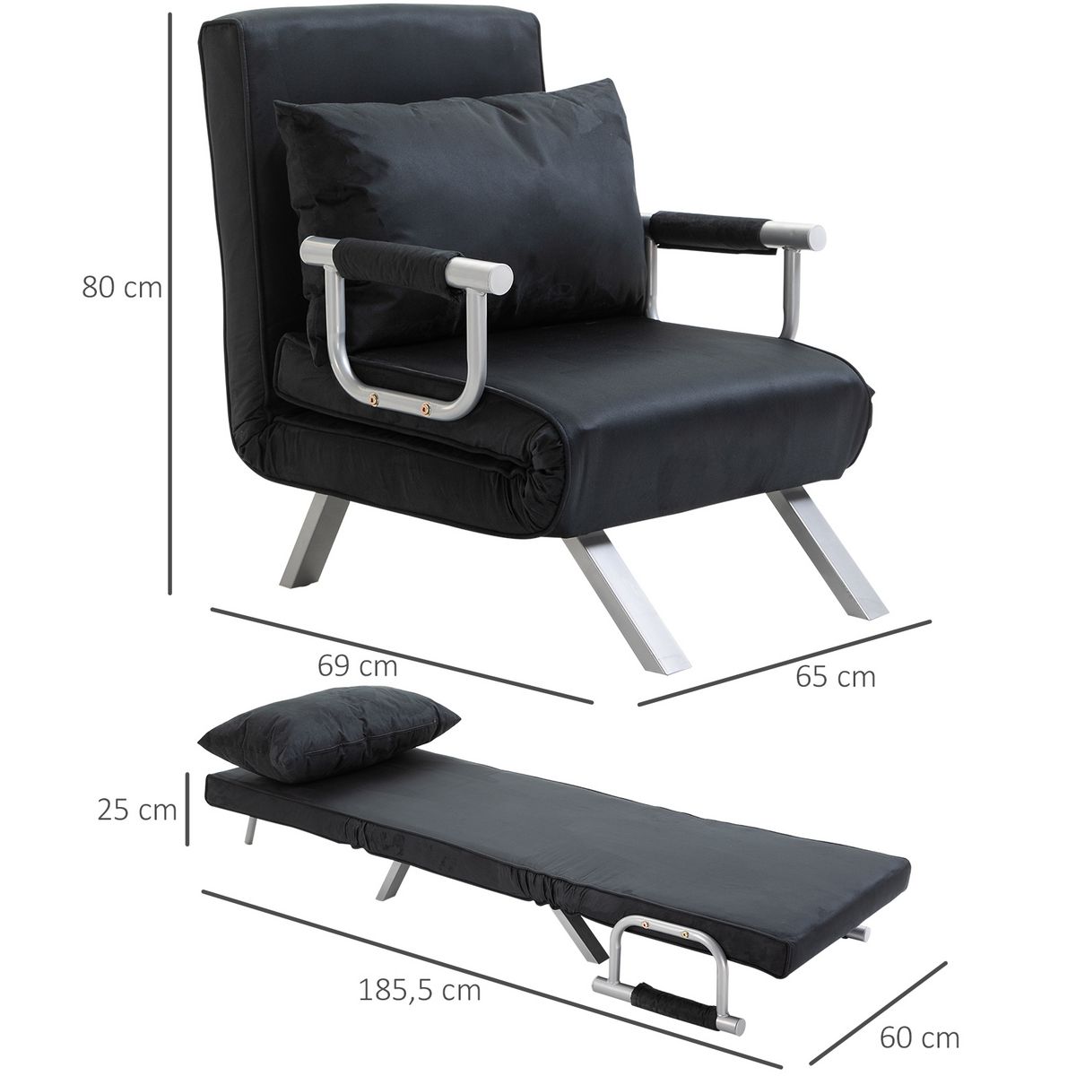HOMCOM Fauteuil chauffeuse canapé-lit convertible 1 place déhoussable grand confort coussin pieds accoudoirs métal suède noir