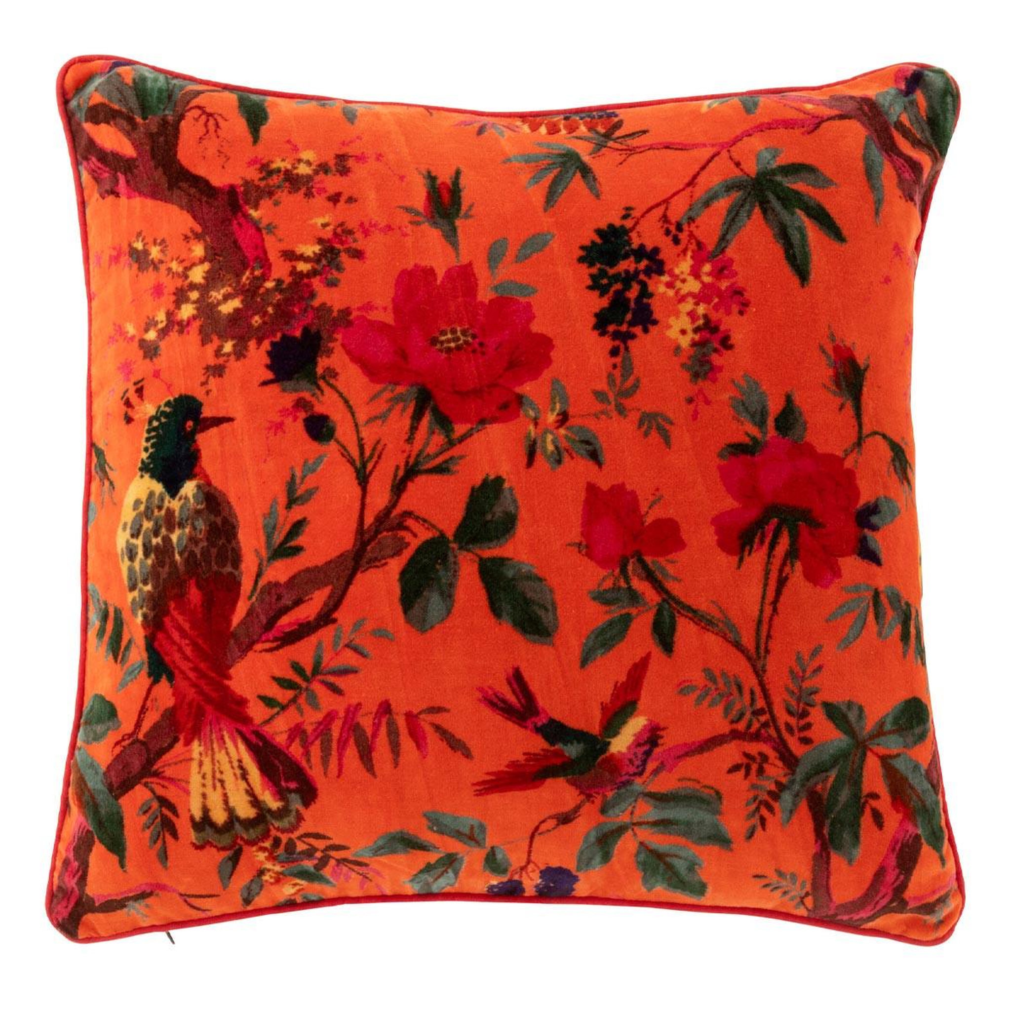 J-LINE Coussin déco en velours  oiseaux fleurs  45x45cm orange