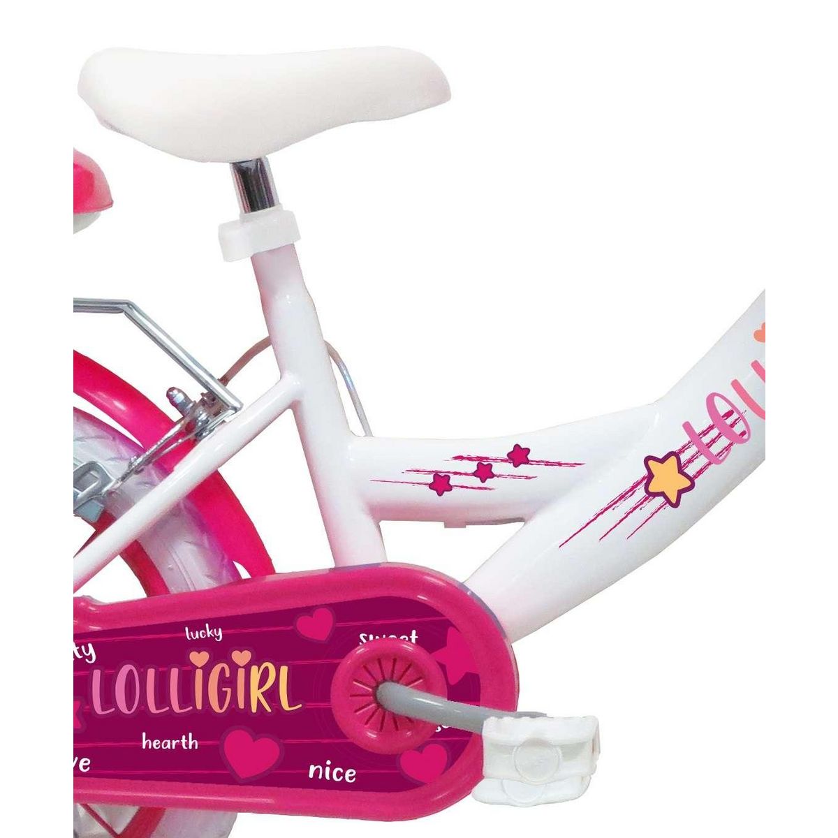 Vélo enfant - Modèle 14''Fille Lolli Girl pour enfant de 95 à 110 cm avec stabilisateurs - Panier avant - Coffre arrière - 2 freins et pneus gonflables