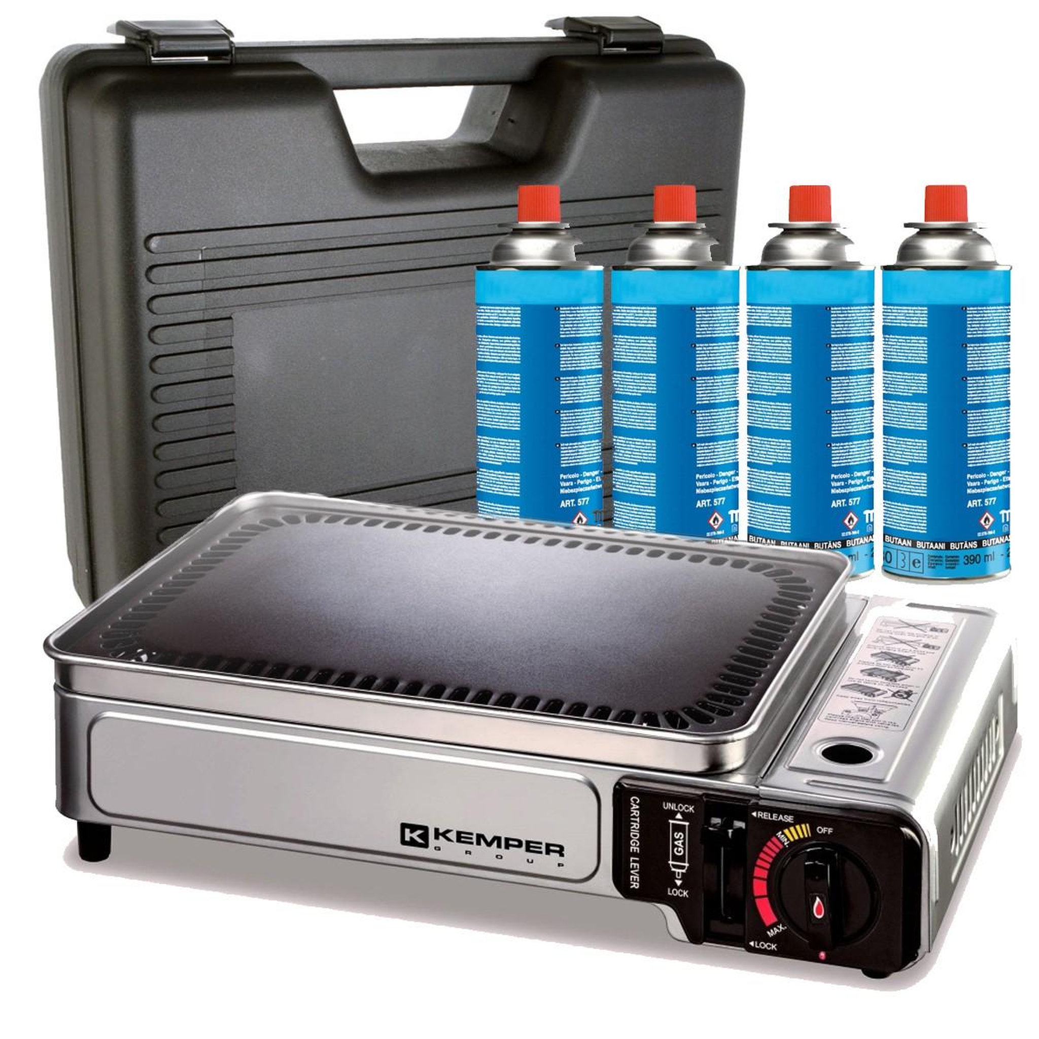 Kemper Plancha à gaz portable 2300W + 4 cartouches de gaz + Valise de transport KEMPER