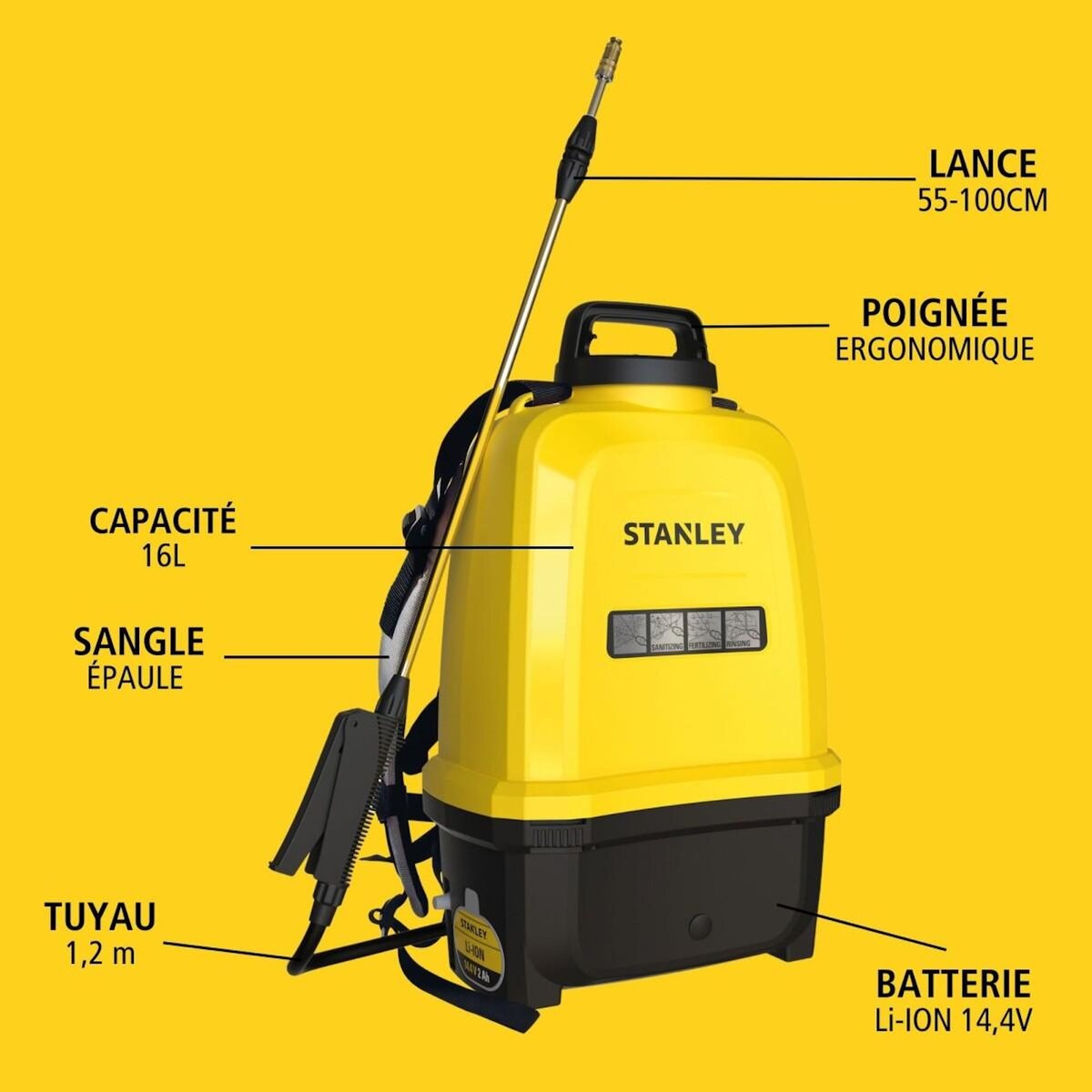 Stanley Pulvérisateur Electrique 16L, Batterie Lithium 14.4 V / 2.0 Ah - Pulvérisateur Jardin Végétaux + Lance Télescopique STANLEY