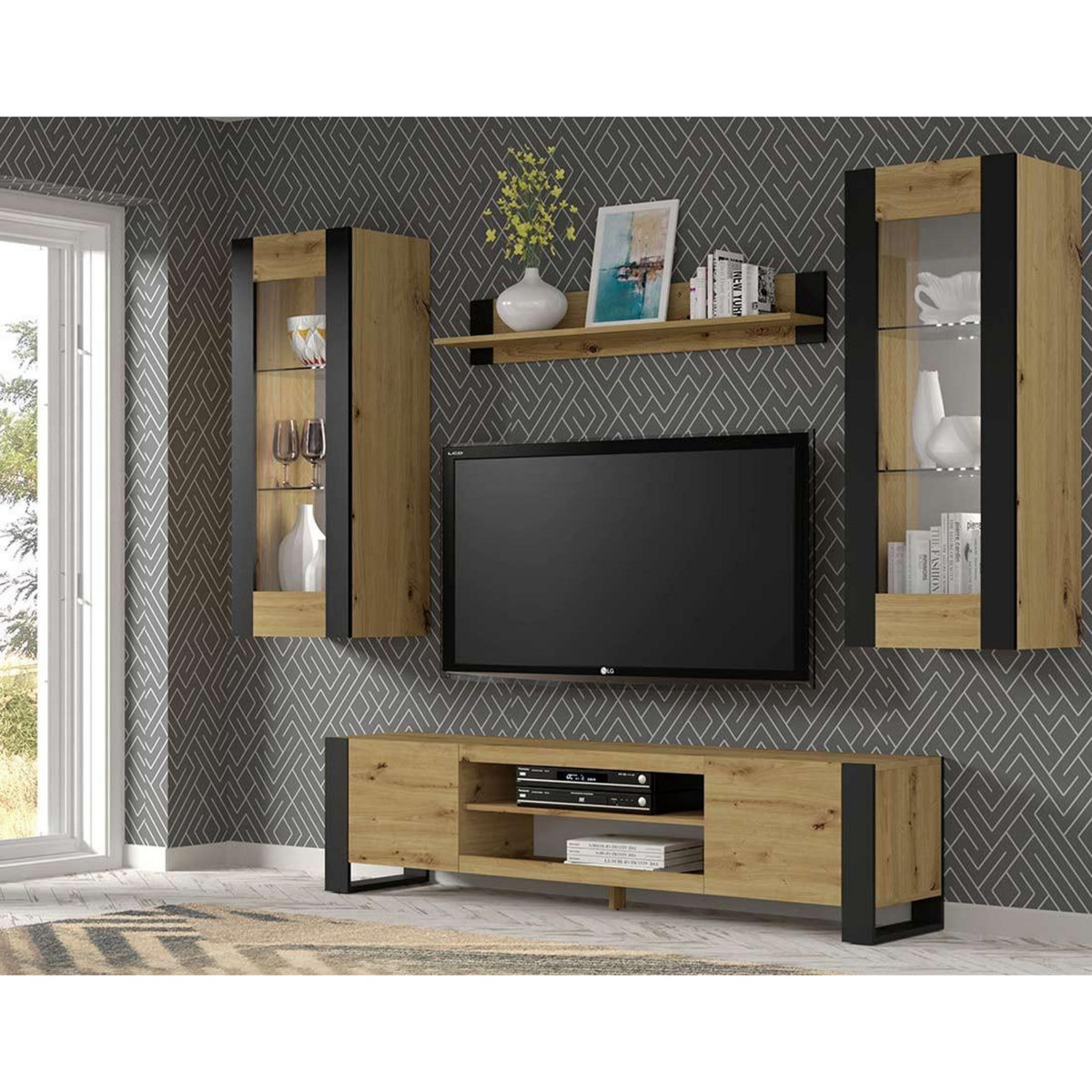 BEST MOBILIER Pedro - vitrine suspendue - effet bois et noir - 125 cm