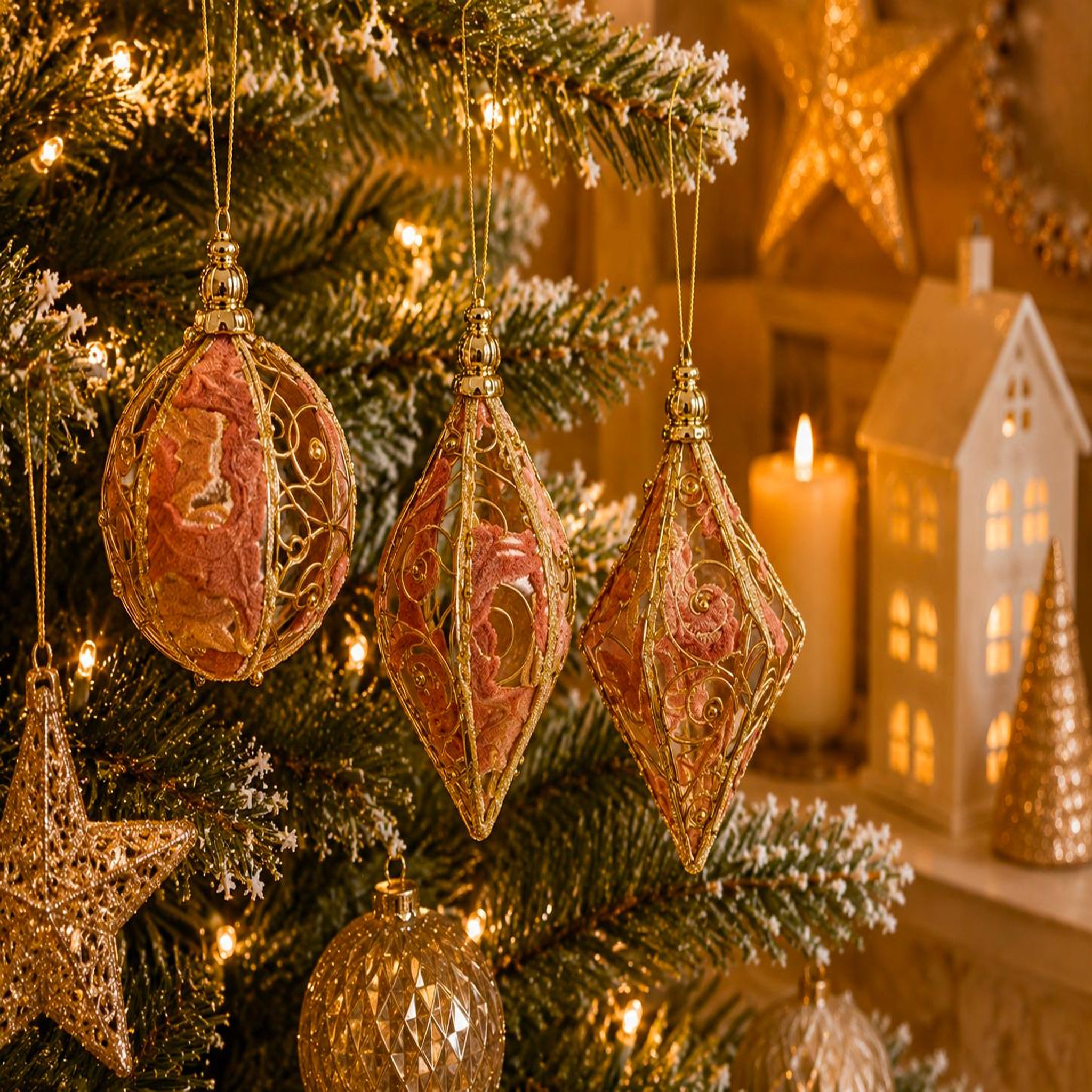 Voir la diapositive 2 : Eden Lot de 3 boules de noël en métal rouge perles et velours