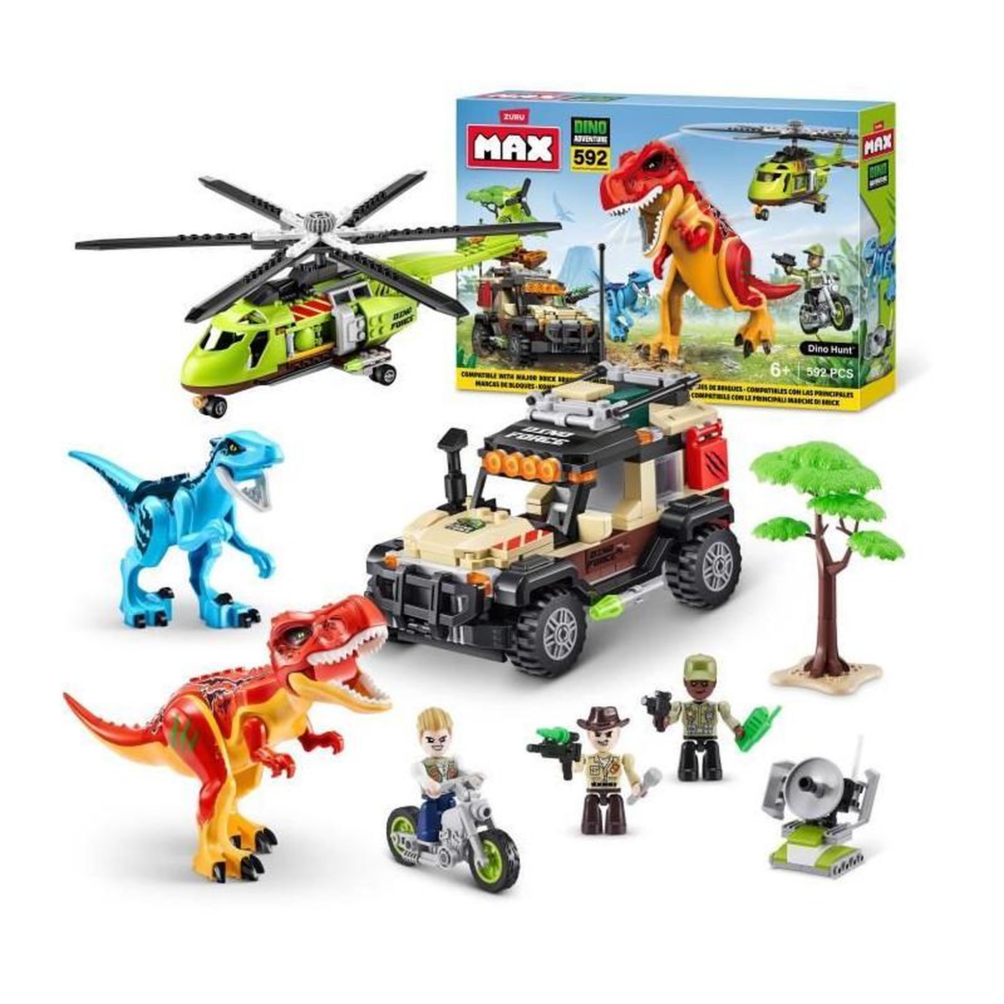 ZURU Set de Construction - ZURU - Dino Adventure Dino Hunt (592 pieces) - Aventure préhistorique avec dinosaures et véhicules