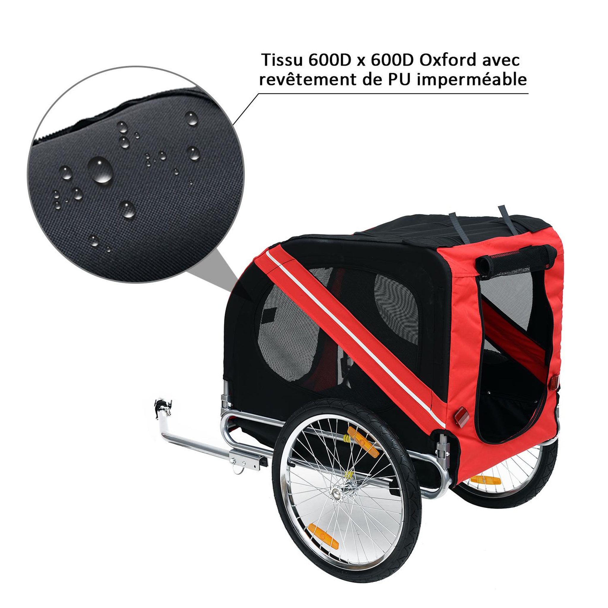 Voir la diapositive 5 : PAWHUT Remorque vélo pour chien animaux pliable 8 réflecteurs drapeau barre attelage inclus acier polyester imperméable max. 30 kg 130l x 73l x 90h cm rouge