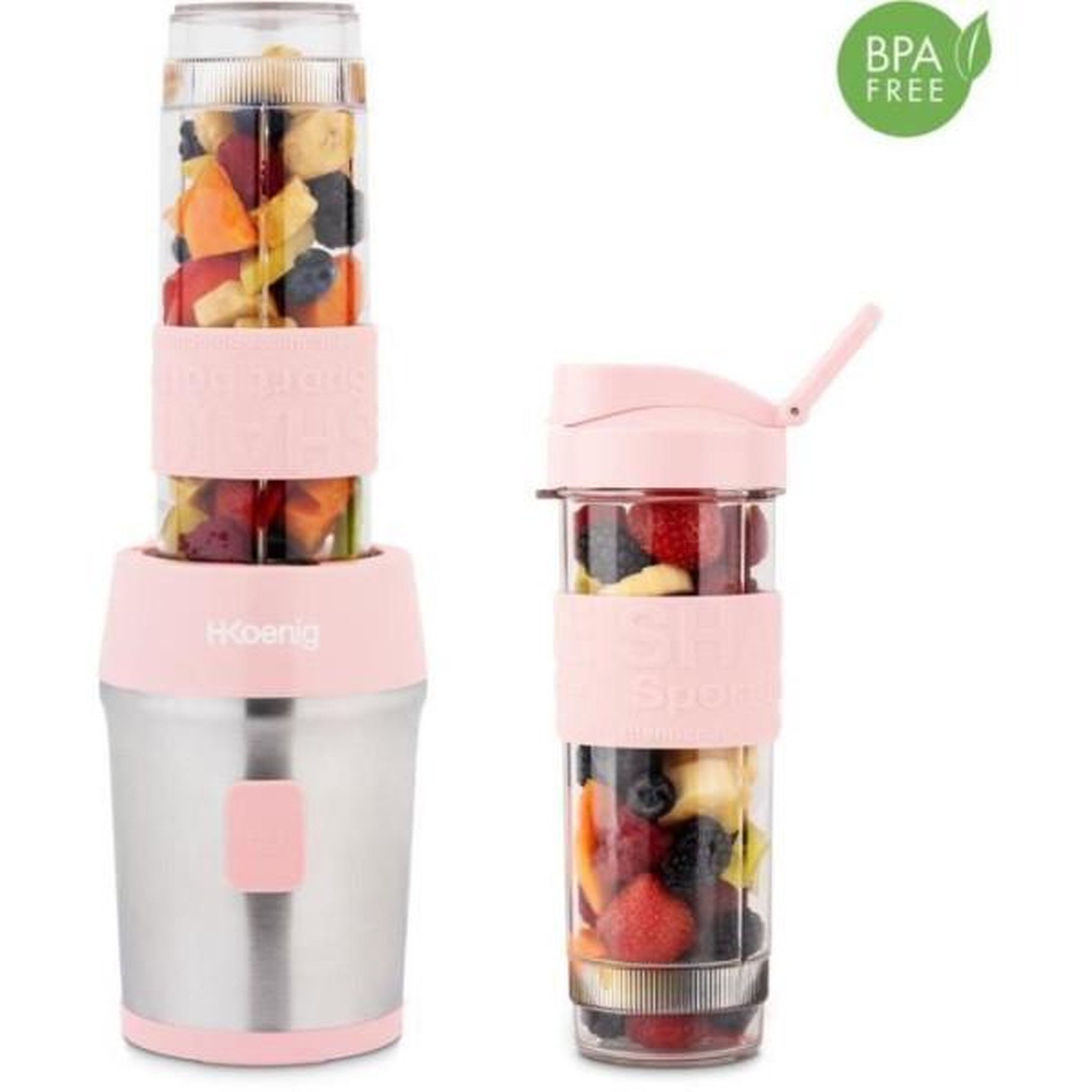 Voir la diapositive 2 : HKOENIG Blender Mini  - H.KoeNIG - SMOO12 - 300 W - 570 mL - Rose pastel - 2 gourdes incluses - Sans BPA