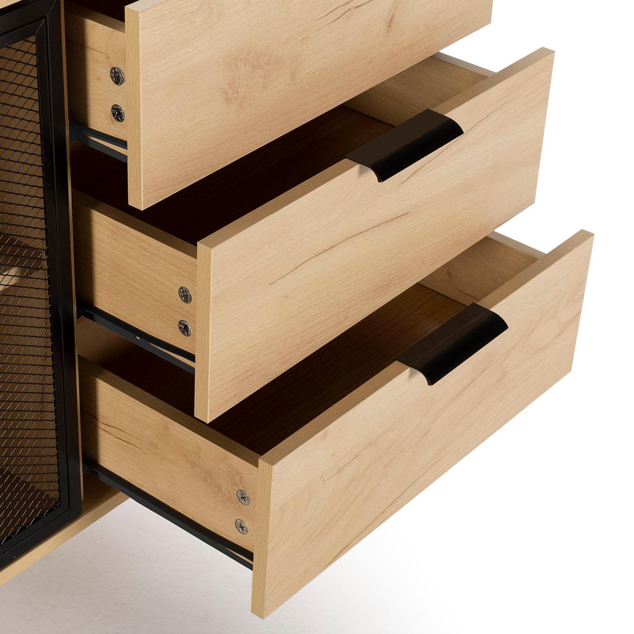 Voir la diapositive 4 : VS VENTA-STOCK Buffet Isis 2 portes en métal noir et 3 tiroirs, 130 cm