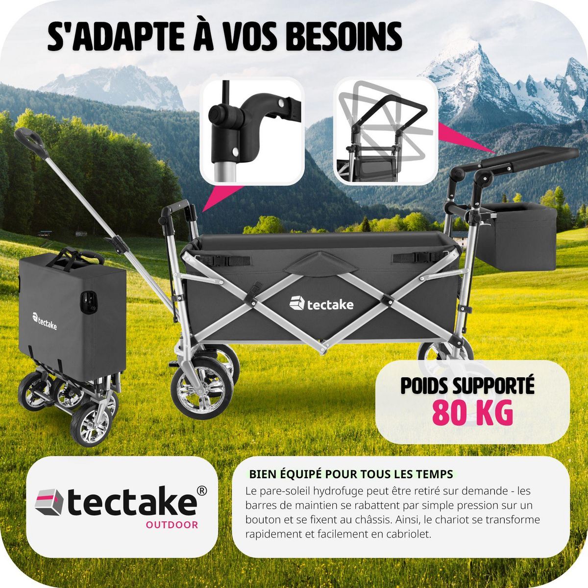 tectake Chariot de jardin et de transport pliable avec toit gris