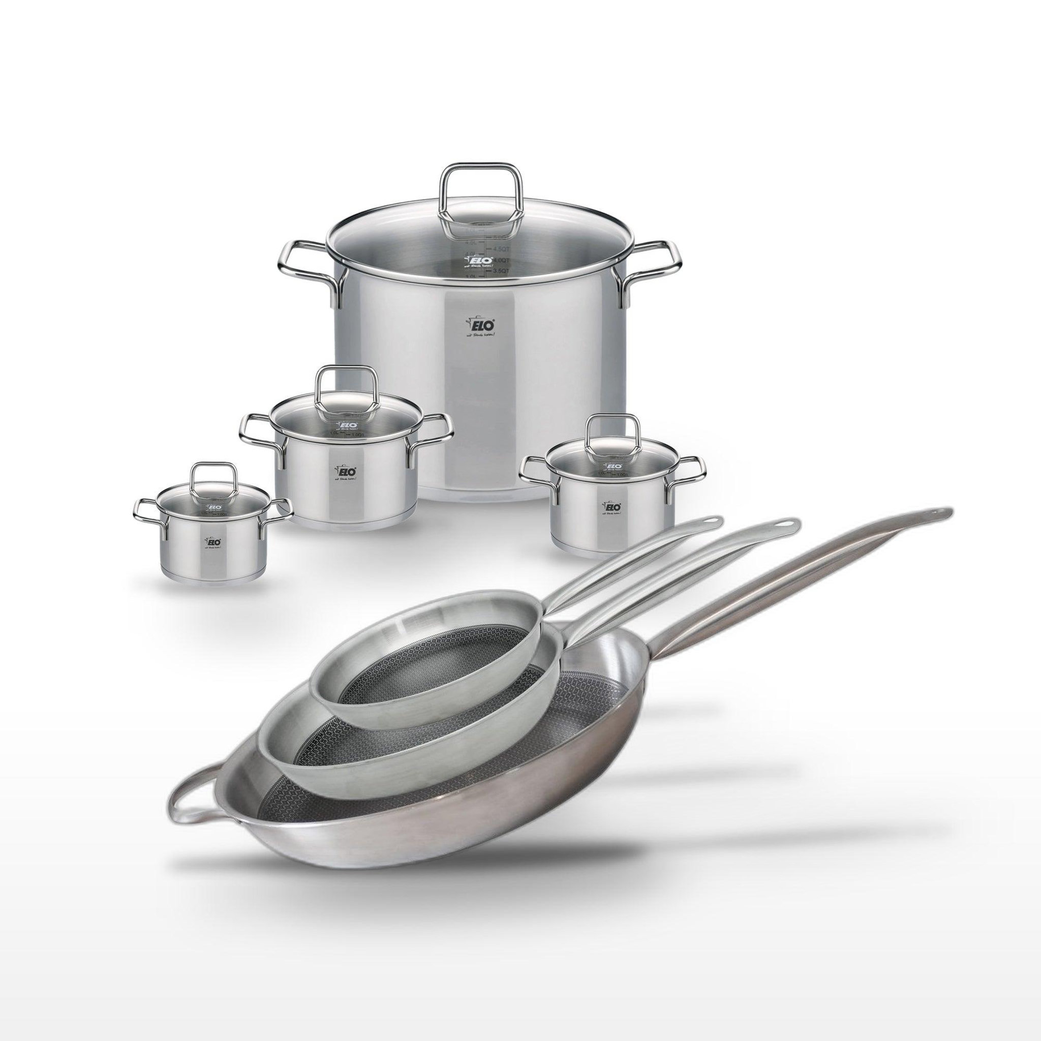 ELO Batterie de cuisine avec 3 poêles 24/28/32 cm et 4 faitouts 12/14/16/26 cm sans pfas elo collection relief solution citrin