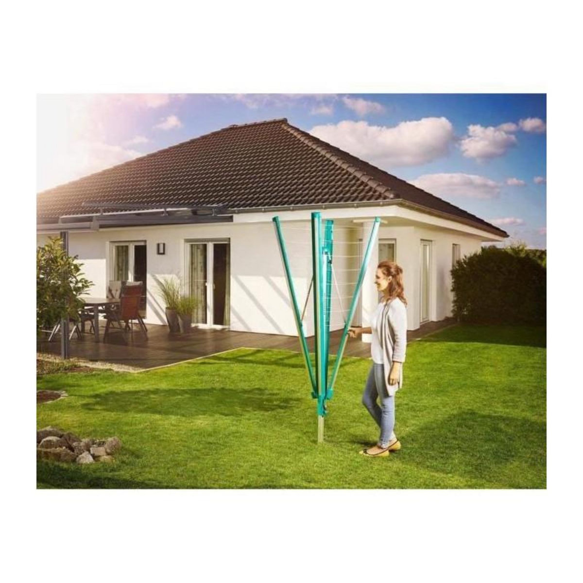 Leifheit Séchoir parapluie Linomatic 500 Deluxe Cover 82007 Leifheit - Etendoir extérieur rotatif 50 metres- Fils rétractables douille