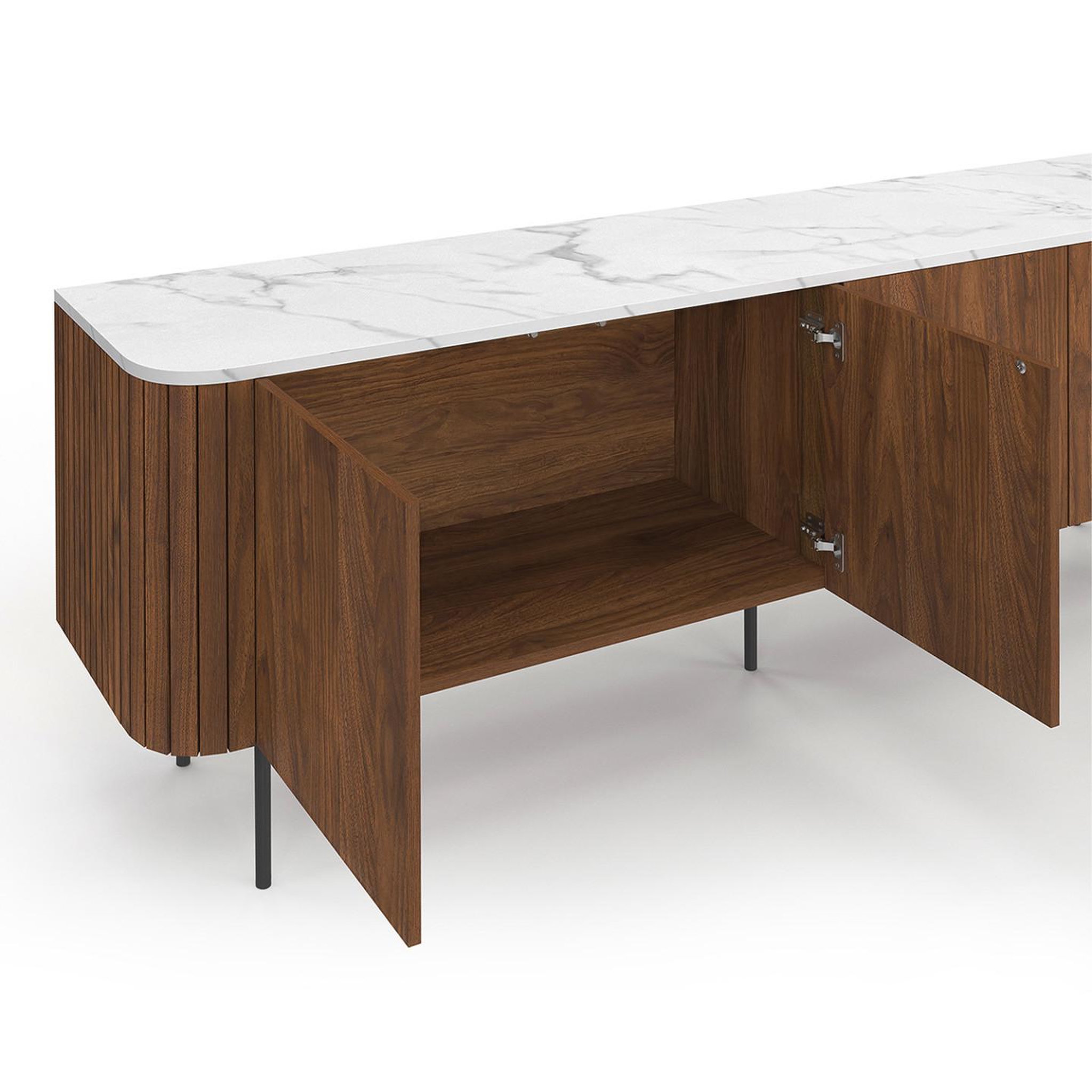 Voir la diapositive 6 : ID MARKET Buffet bas 160 cm marla 4 portes effet noyer et lattes et plateau marbre blanc alaska