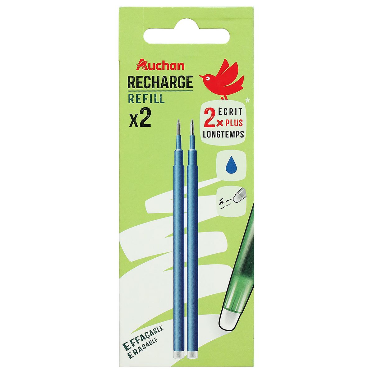 AUCHAN Lot de 2 recharges roller gel effaçables bleu