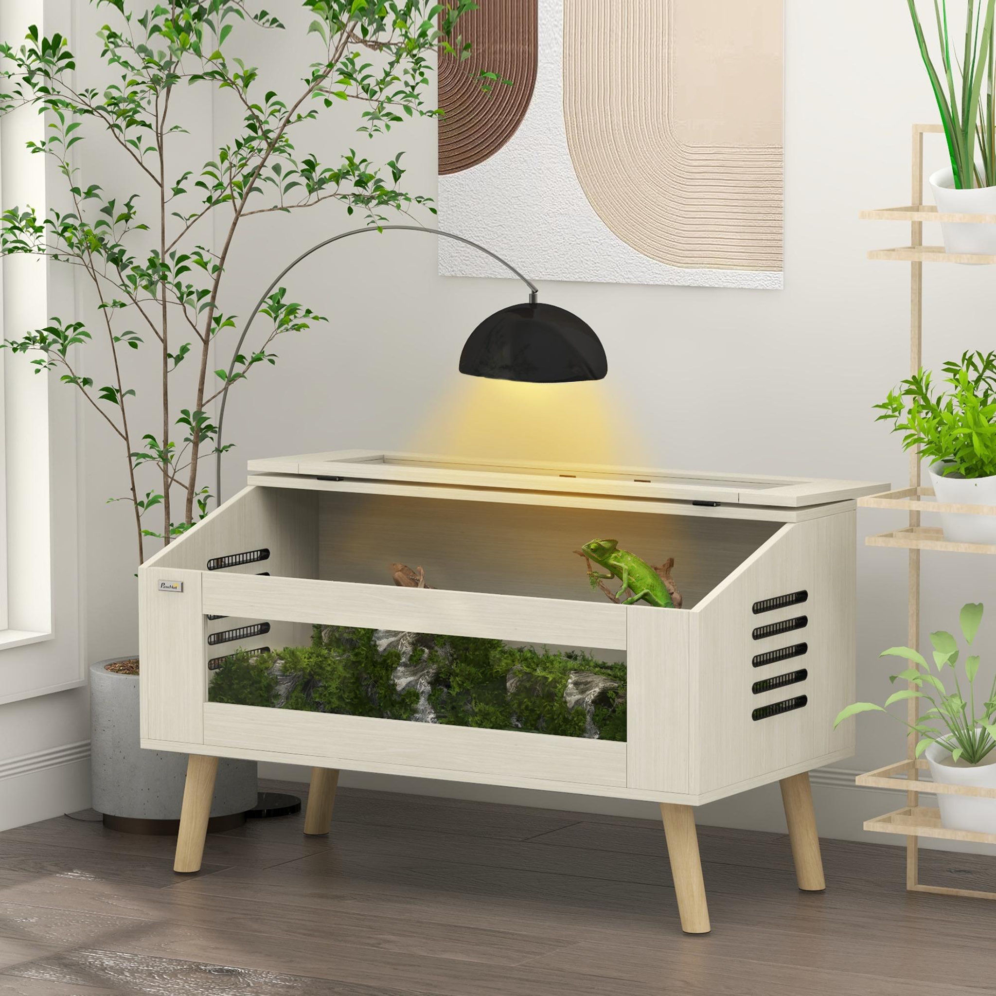 Voir la diapositive 2 : PAWHUT Terrarium vivarium 140L - aération latérale, fenêtres verre trempé, couvercle - bois naturel