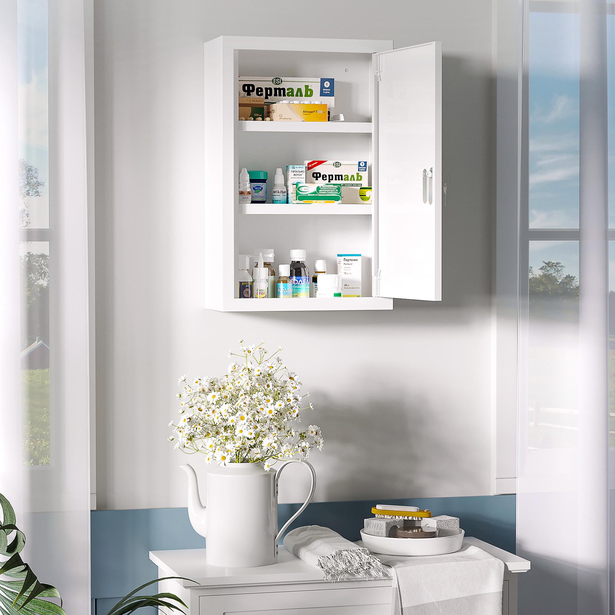 Voir la diapositive 4 : HOMCOM Armoire à pharmacie verrouillable 3 niv. 2 clés logo croix acier blanc