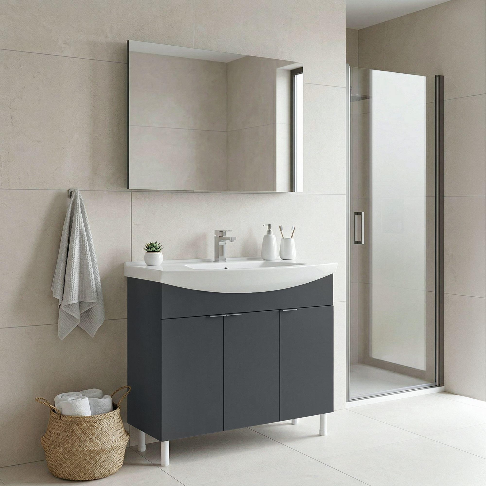 Voir la diapositive 2 : Habitat et Jardin Meuble avec simple vasque et miroir  Purus 100  - 100 x 50 x 83 cm - Matte Anthracite