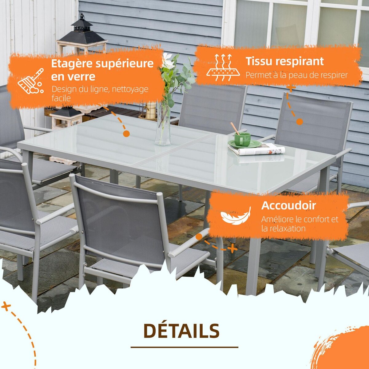 OUTSUNNY Ensemble de jardin 6 personnes chaises empilables table à manger dim. 150L x 90l x 72H cm plateau verre acier époxy textilène gris