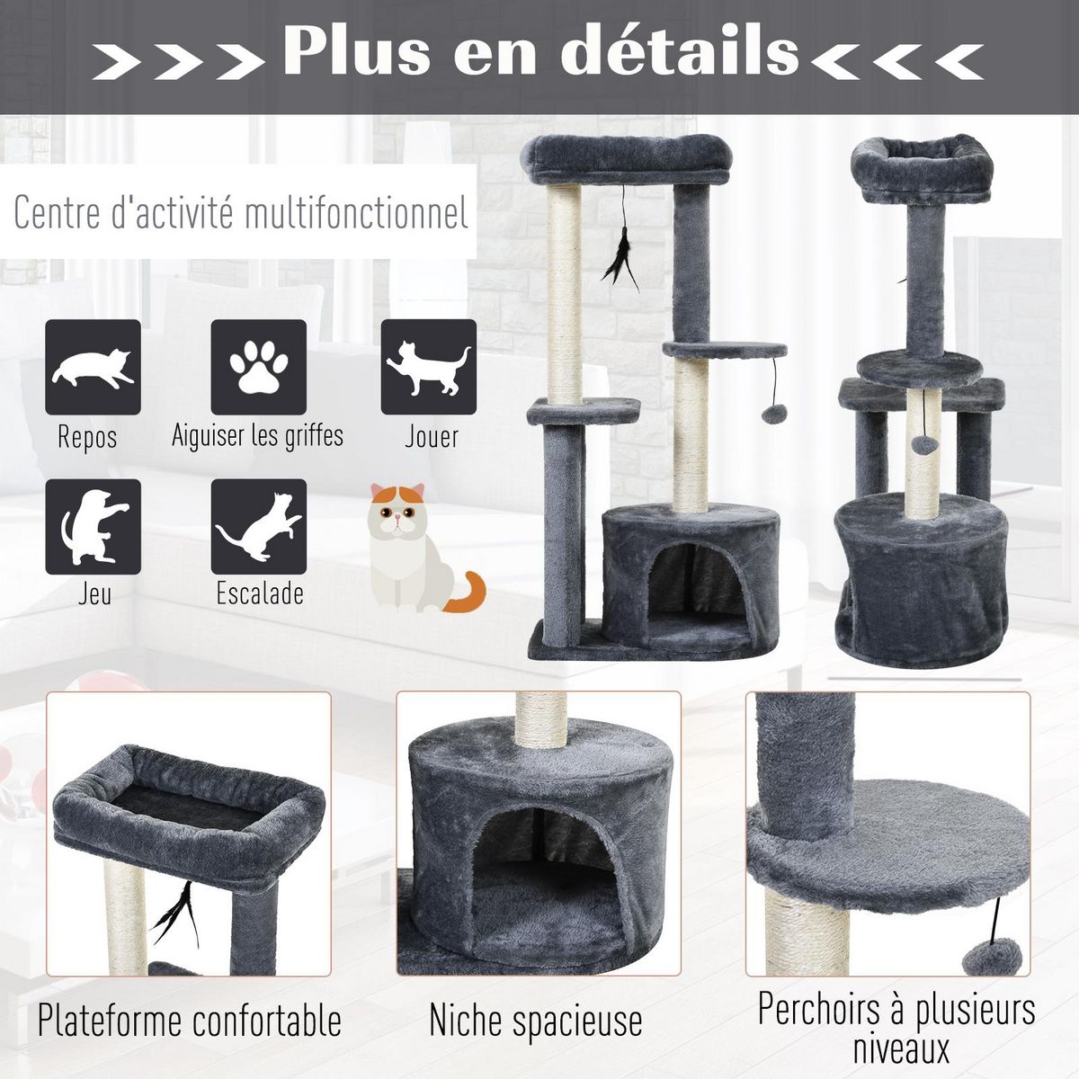 PAWHUT Arbre à chats avec griffoirs grattoirs sisal naturel centre d'activités niche plateformes 2 jouets suspendus gris