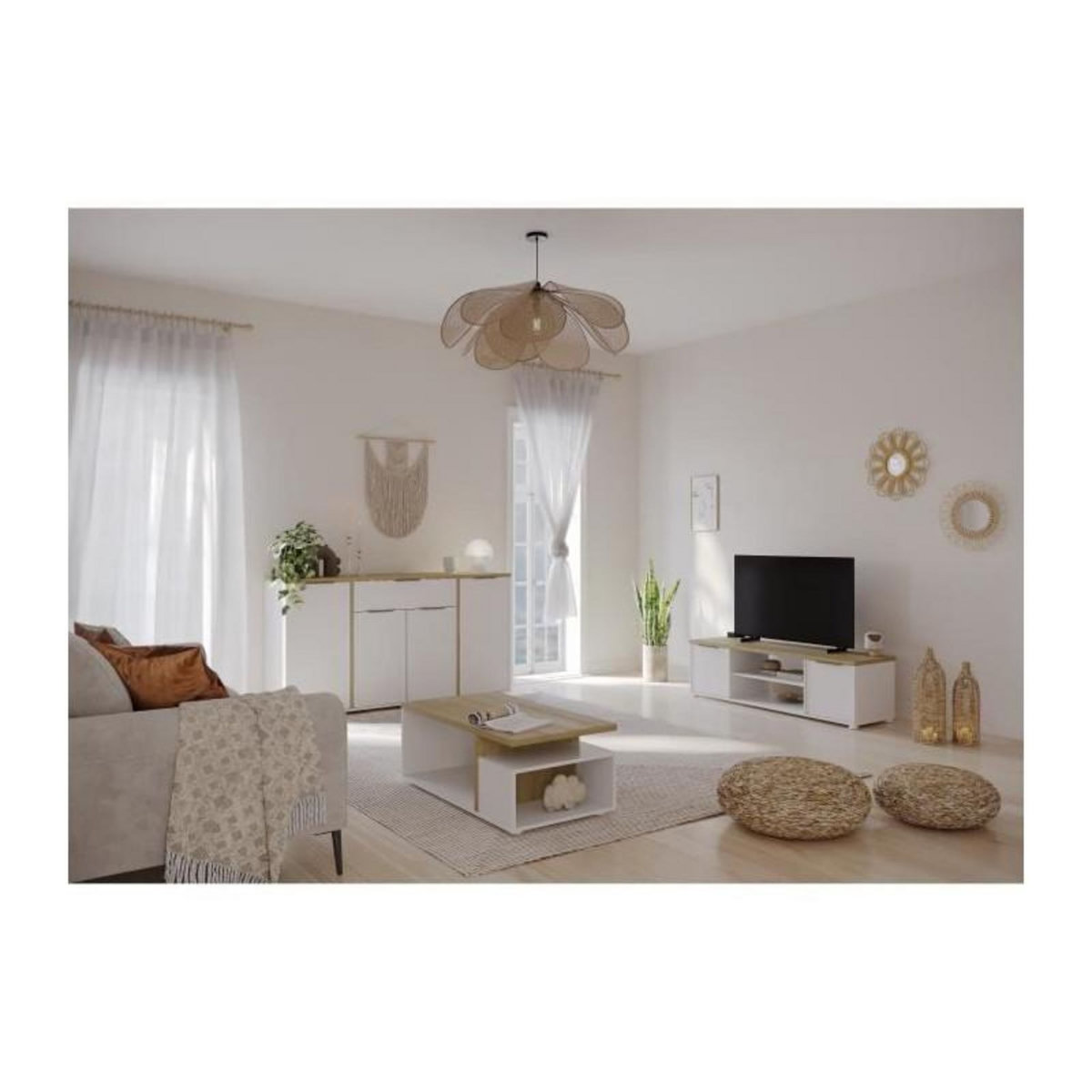 Demeyere Ensemble Salon ACCESS : Table basse + Banc TV + Enfilade 4 portes - Decor chene Hamilton et blanc