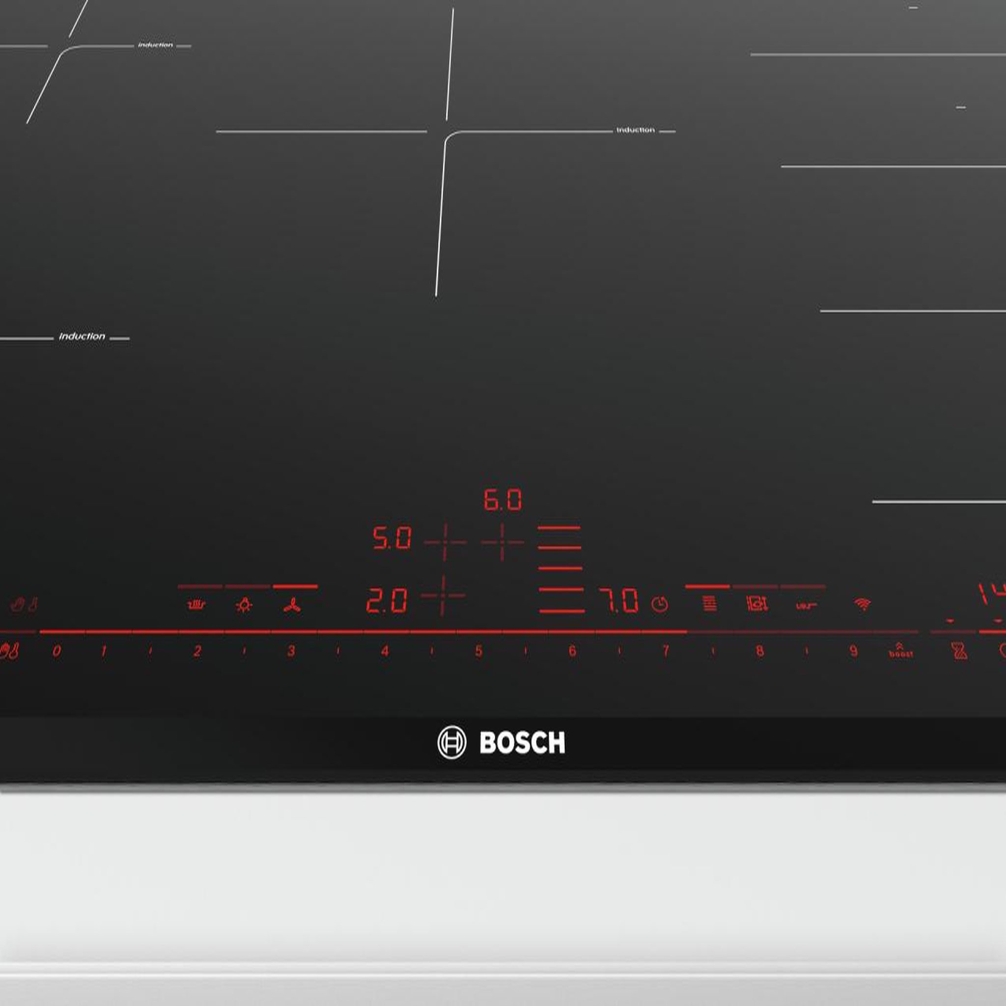 Voir la diapositive 5 : BOSCH Table de cuisson à induction 80cm 5 feux 7400w flexinduction noir - PXV875DV1E