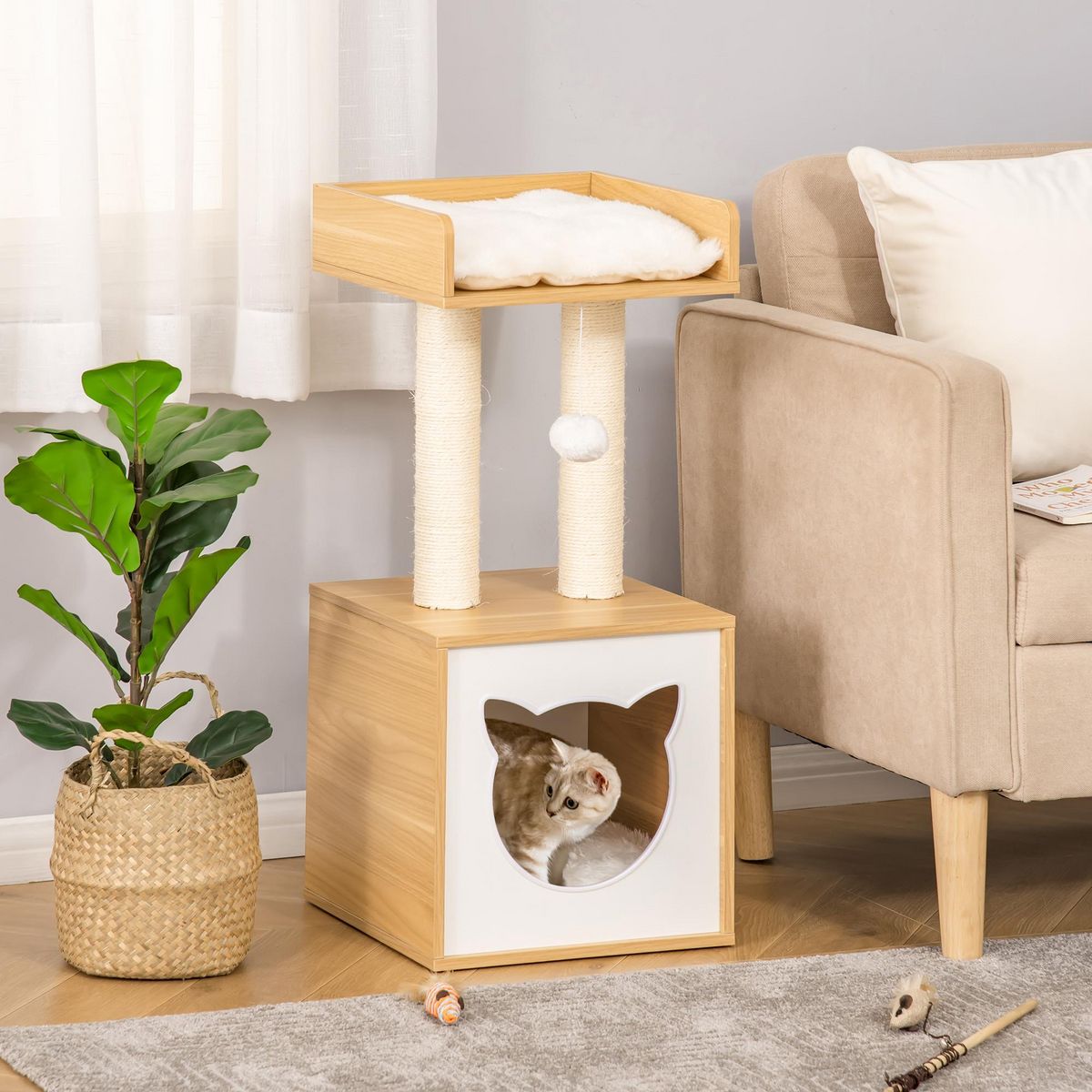 PAWHUT Arbre à chat 2 griffoirs niche entrée tête de chat plateforme d'observation jouet suspendu coussins amovibles peluche grande douceur aspect bois clair