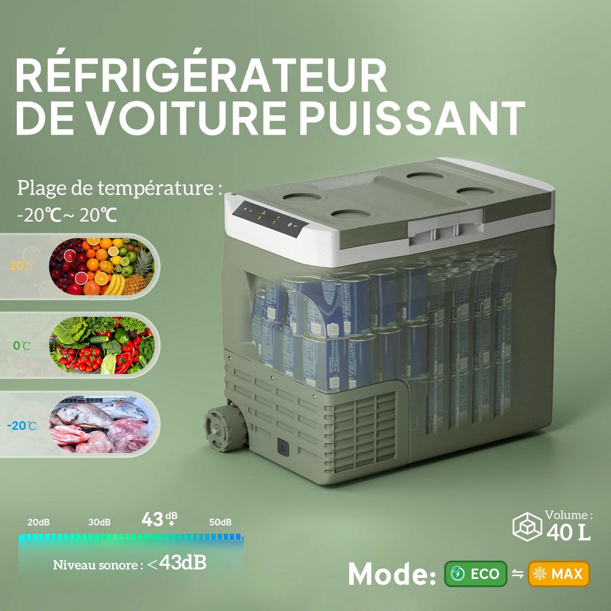 OUTSUNNY Glacière électrique portable 40L modes ECO/MAX -20°C-20°C poignée télescopique alimentation AC/DC vert