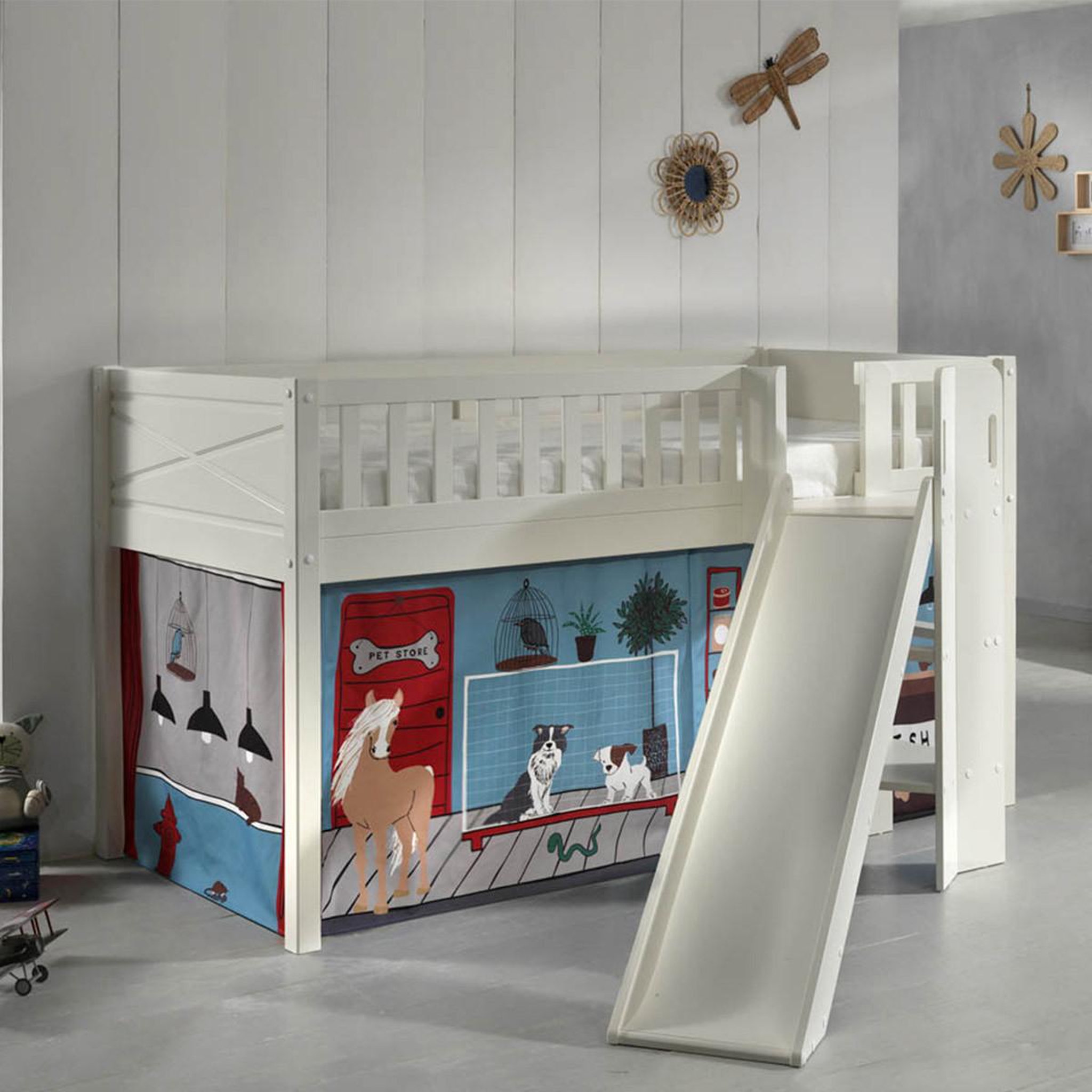 Voir la diapositive 5 : Paris Prix Lit enfant toboggan & tente  scott pet shop  90x200cm blanc