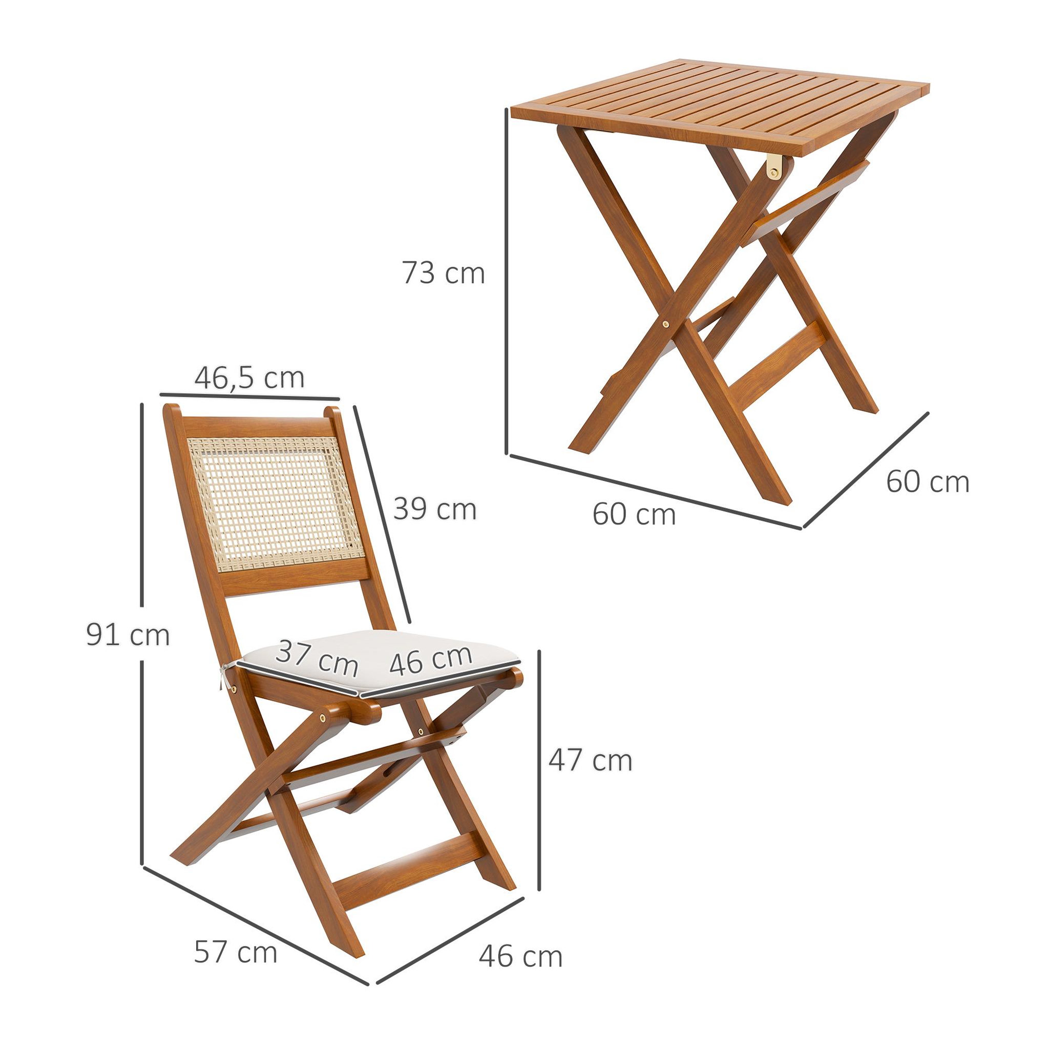 Voir la diapositive 3 : OUTSUNNY Ensemble bistro de jardin style exotique 2 places 3 pcs pliables bois acacia résine aspect rotin coussins blanc inclus