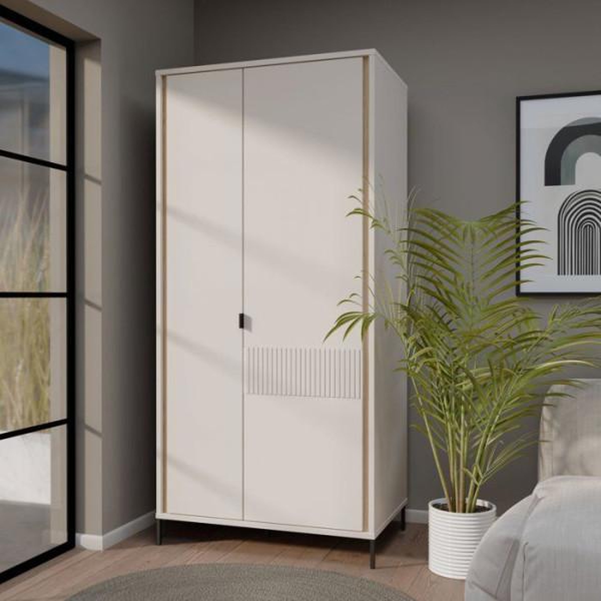 Voir la diapositive 2 : MARKET24 Armoire de chambre - décor sable- 2 portes battantes - l95 x p61 x h200 cm