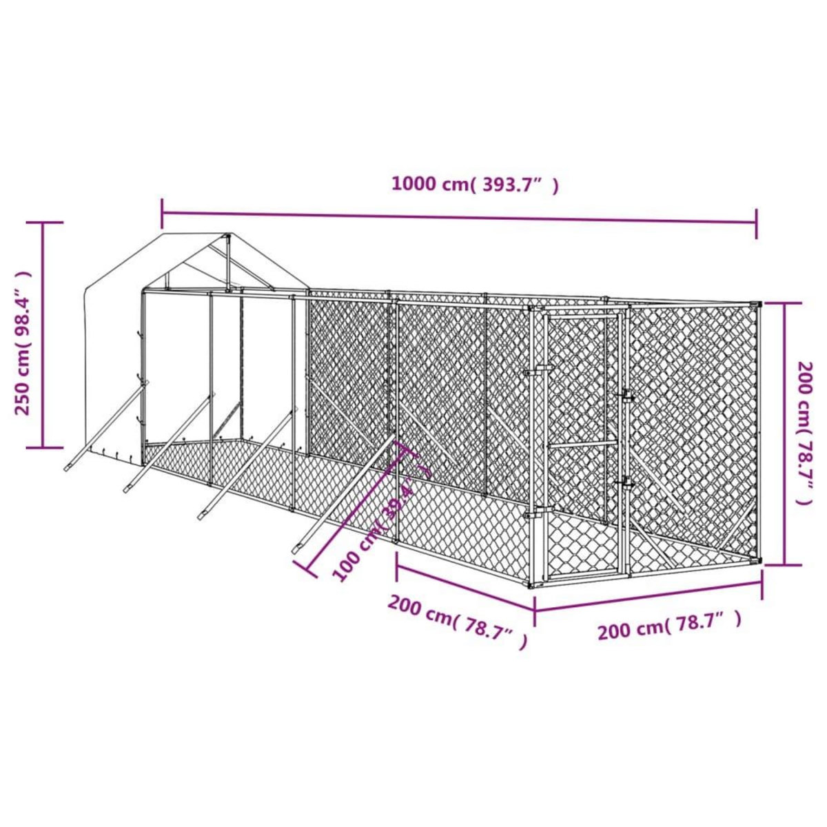 VIDAXL Chenil d'exterieur pour chiens avec toit argente 2x10x2,5 m
