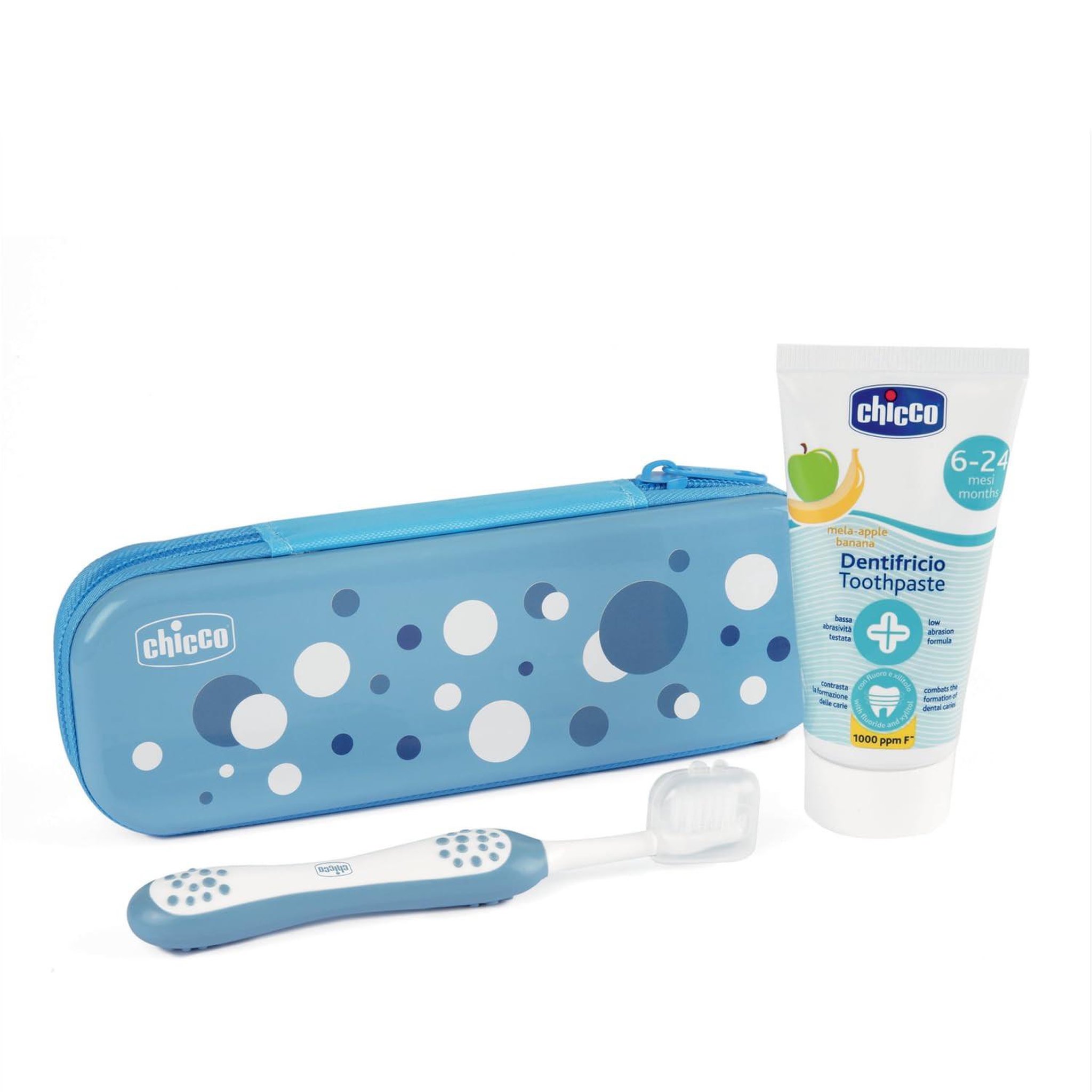 CHICCO Chicco kit de soins bucco-dentaires pour enfants 6-36 mois - brosse à dents et dentifrice goût pomme-banane avec étui, lilas