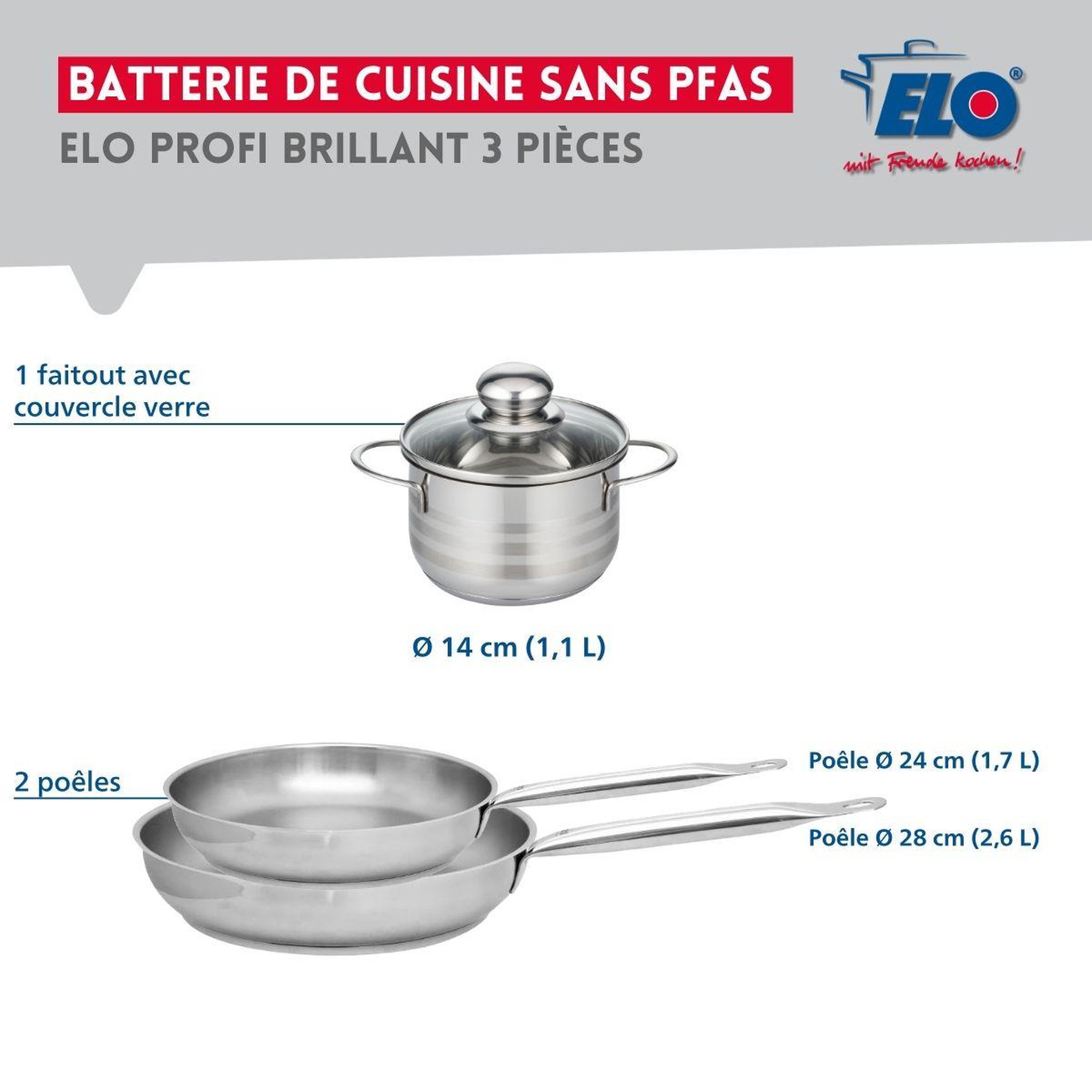 Voir la diapositive 2 : ELO Ensemble de 2 poêles de cuisson 24 et 28 cm et 1 faitout 14 cm elo profi brillant