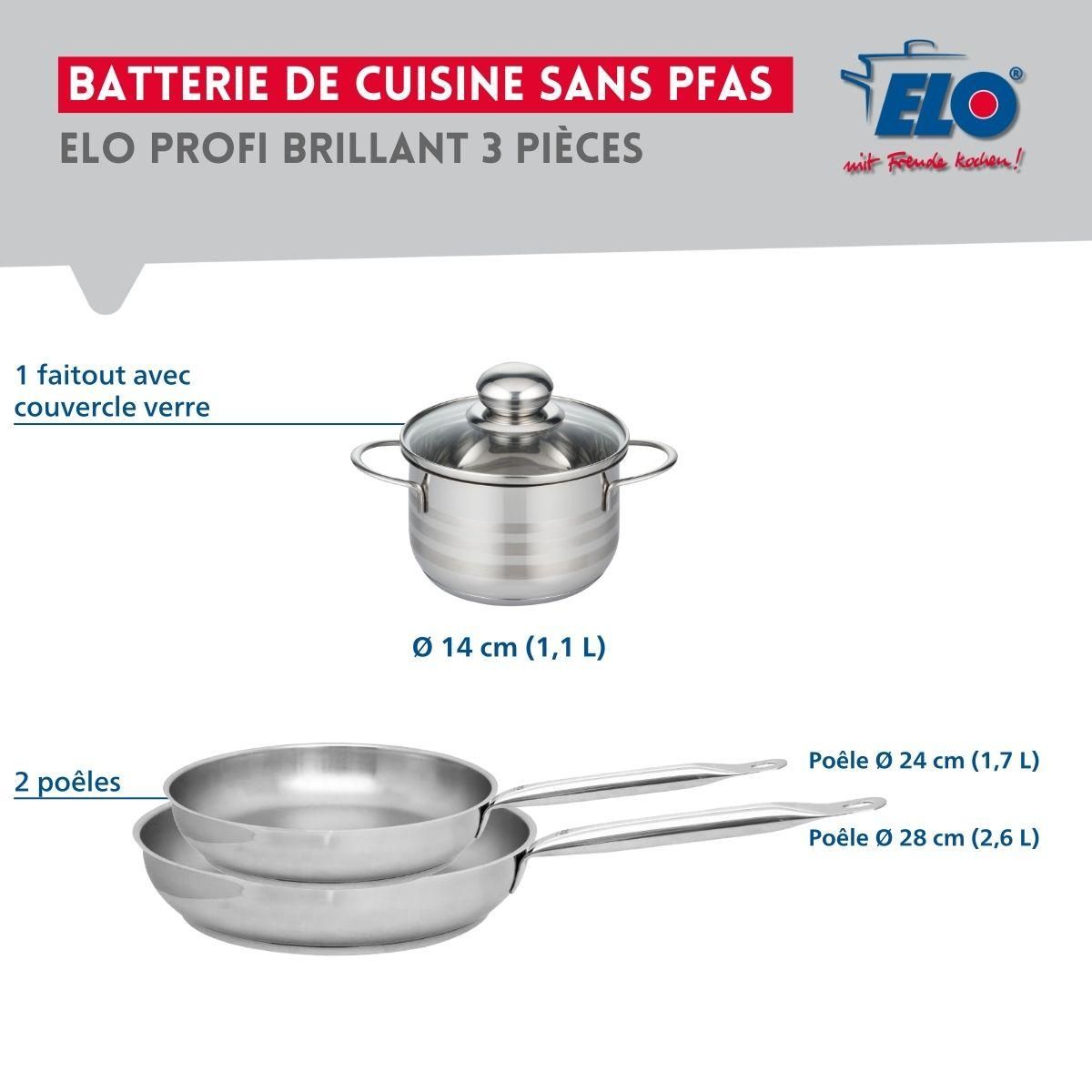ELO Ensemble de 2 Poêles de cuisson 24 et 28 cm et 1 faitout 14 cm Elo Profi Brillant