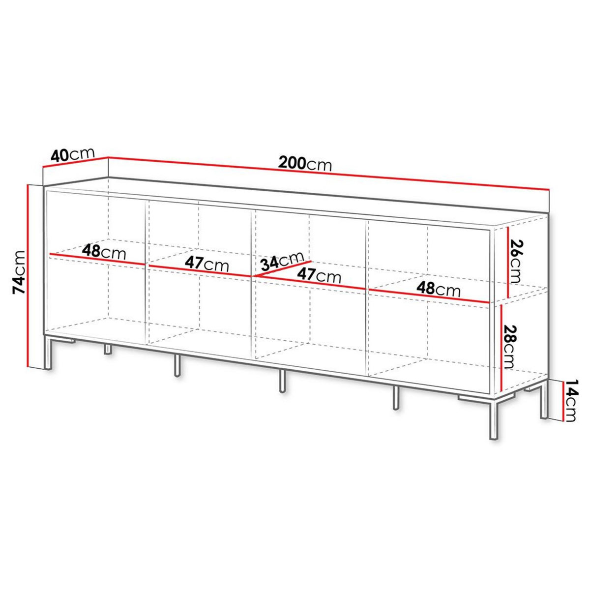 BEST MOBILIER Cambridge - buffet bas - effet bois et noir - 4 portes - 200 cm