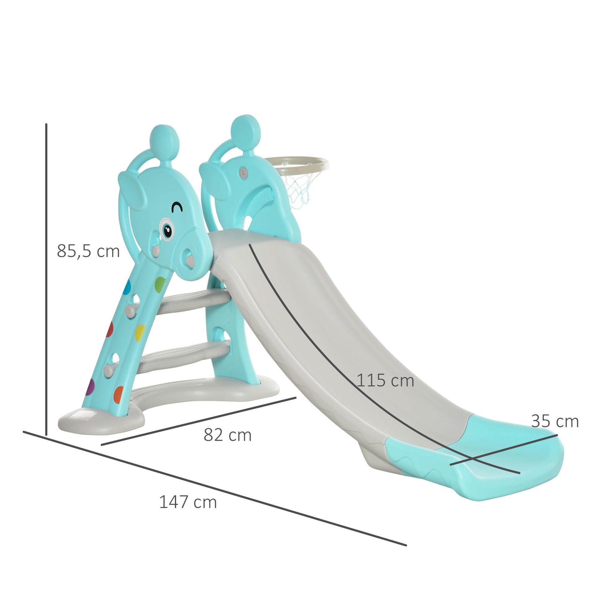 Voir la diapositive 3 : HOMCOM Toboggan enfant avec panier de basket-ball usage intérieur et extérieur dim. 140 x 87 x 75 cm bleu et gris