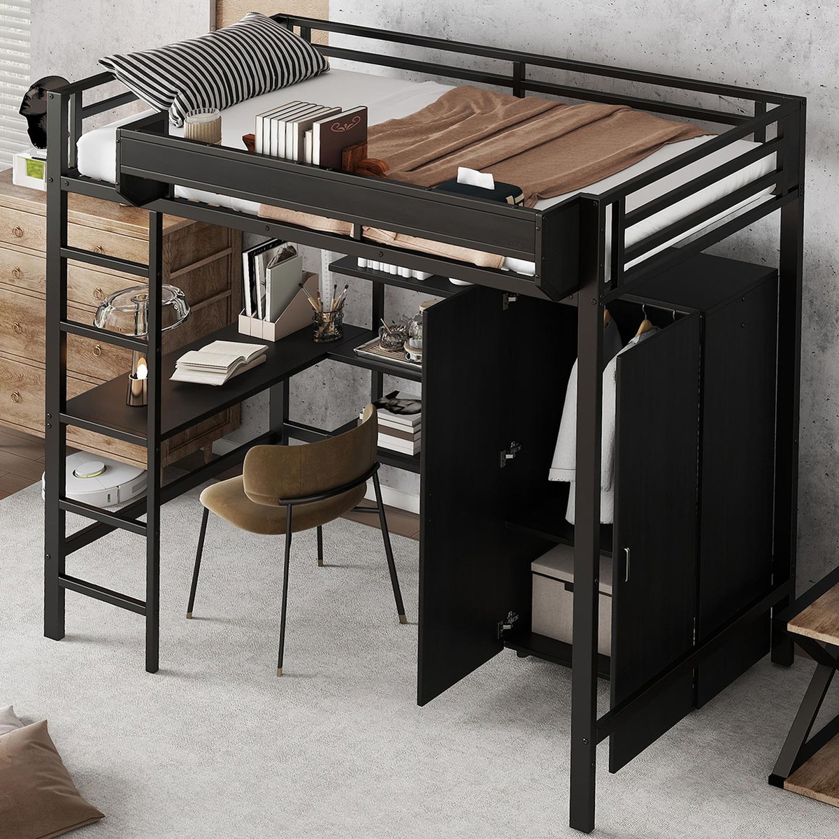 MERAX Lit mezzanine 90x200cm métal et bois coloris noir